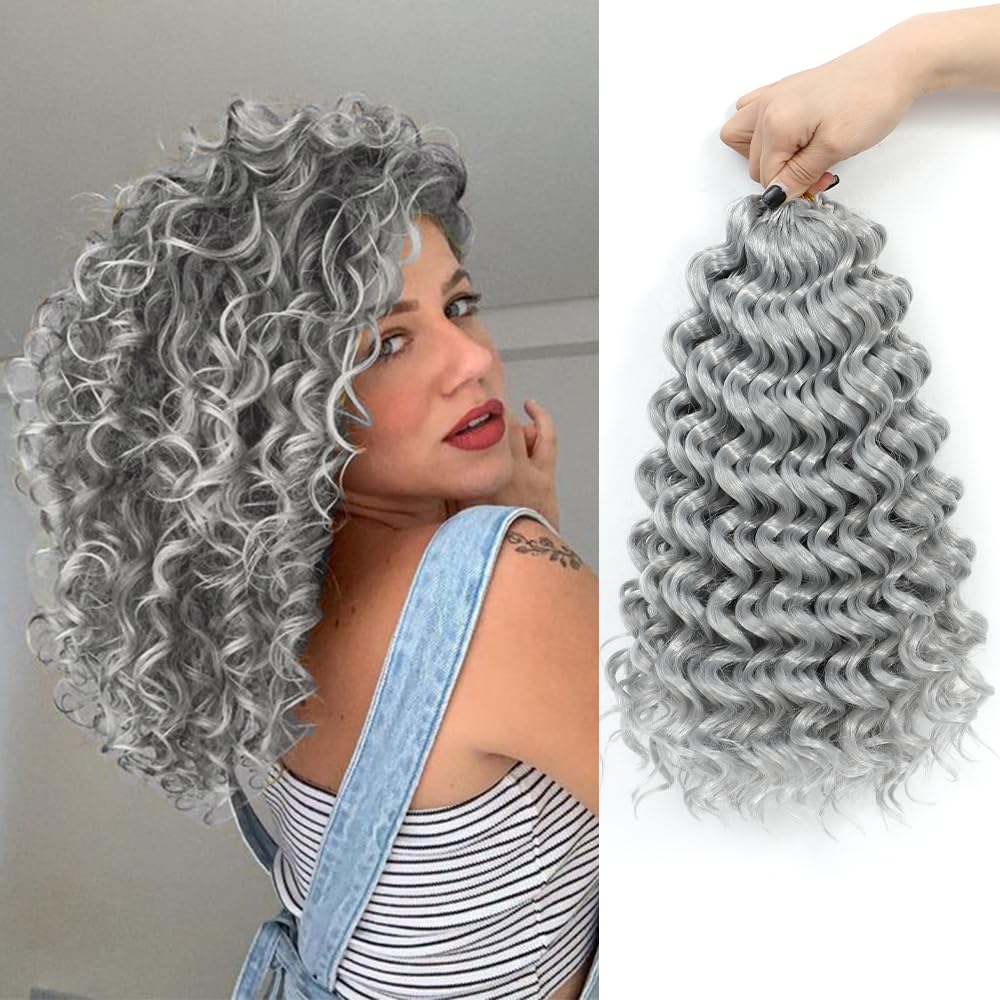 Ocean Wave Crochet Hair 12 Inch 8 packs Deep Wave Crochet Hair Synthetic Curly Crochet Braiding Hair (12 Inch, 8 packs, Grey)
