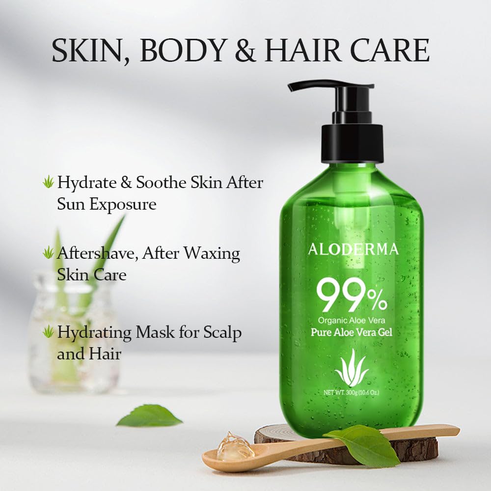 Aloderma 99% Organic Aloe Vera Gel Made Within 12 Hours Of Harvest - Pump Bottle - Lightweight Aloe Gel For Face And Body, Sooth