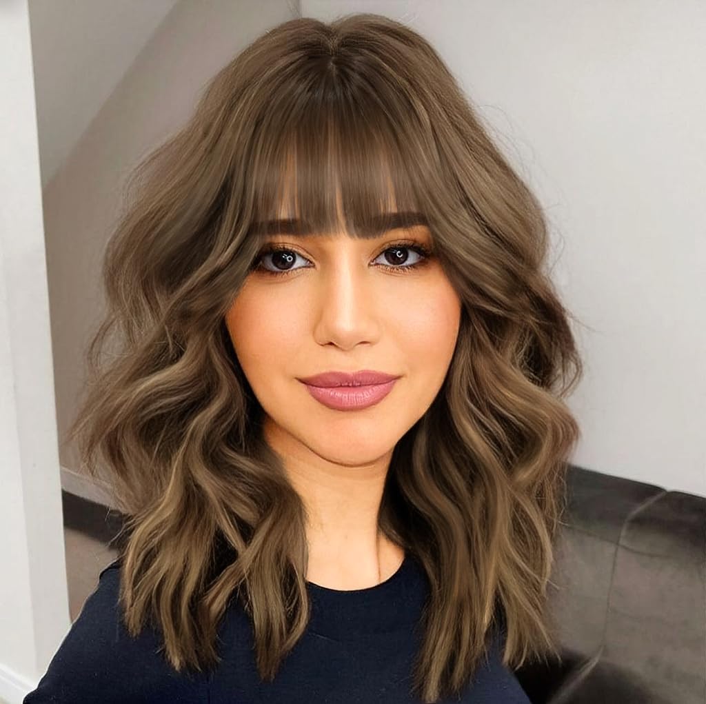 AISI HAIR Synthetic Wavy Curly Bob Wig with Bangs Brown mix Caramel Blonde Wig Short Bob Wavy Hair Wigs for Women Synthetic Heat
