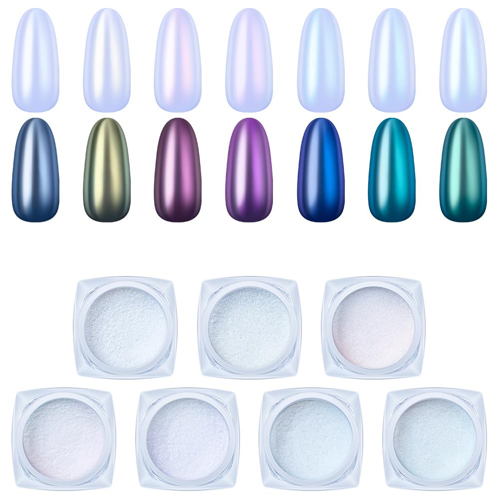 7color Chrome Nail Powder Nail Glitter Laser Pigment Dust with Sponges Nail Art Chrome Pigment Rose Gold Silver Nail Sequins DIY