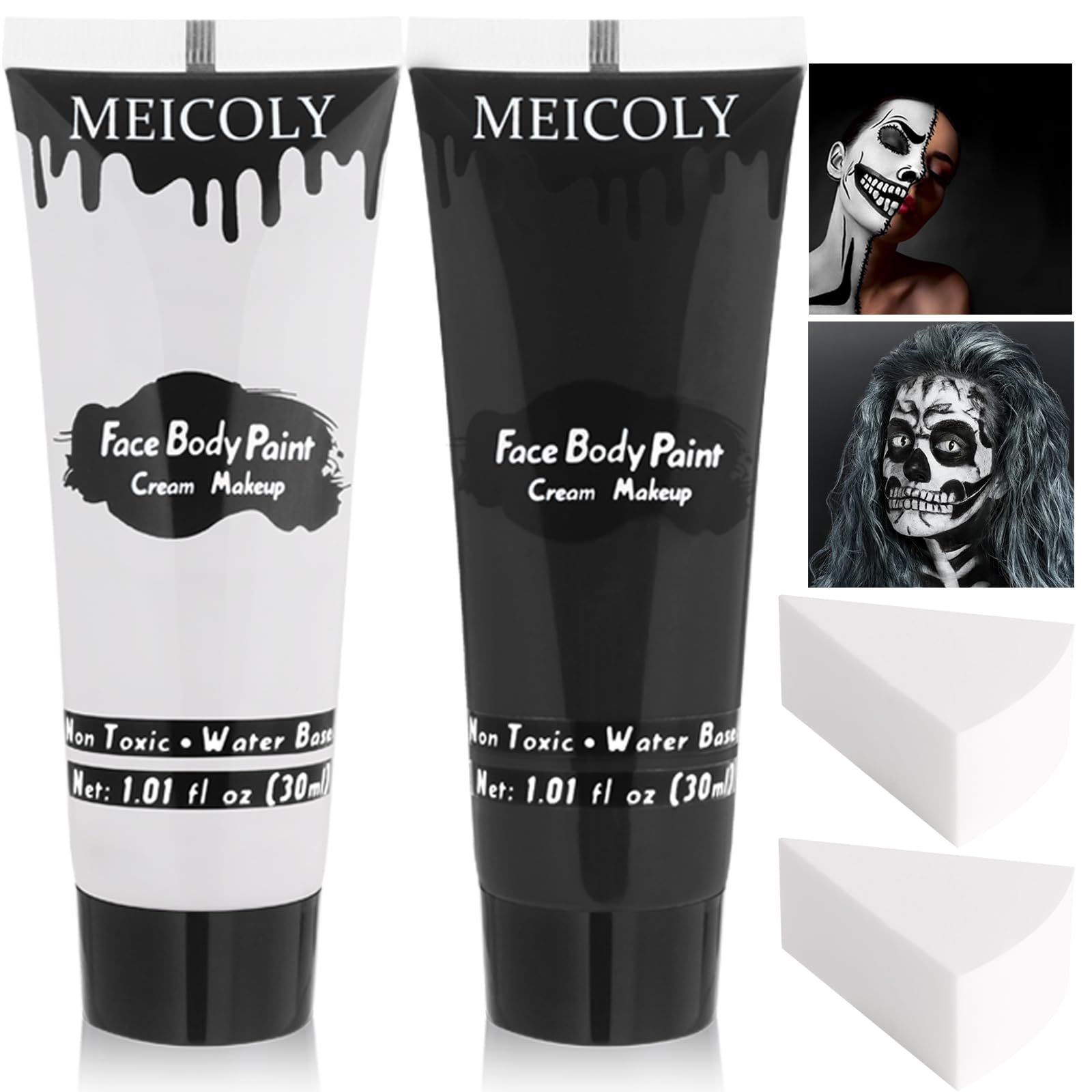 Meicoly Black White Face Body Paint With Sponges,Water Based Face Paint For Adults And Kids,Cream Body Paint,Face Painting For C