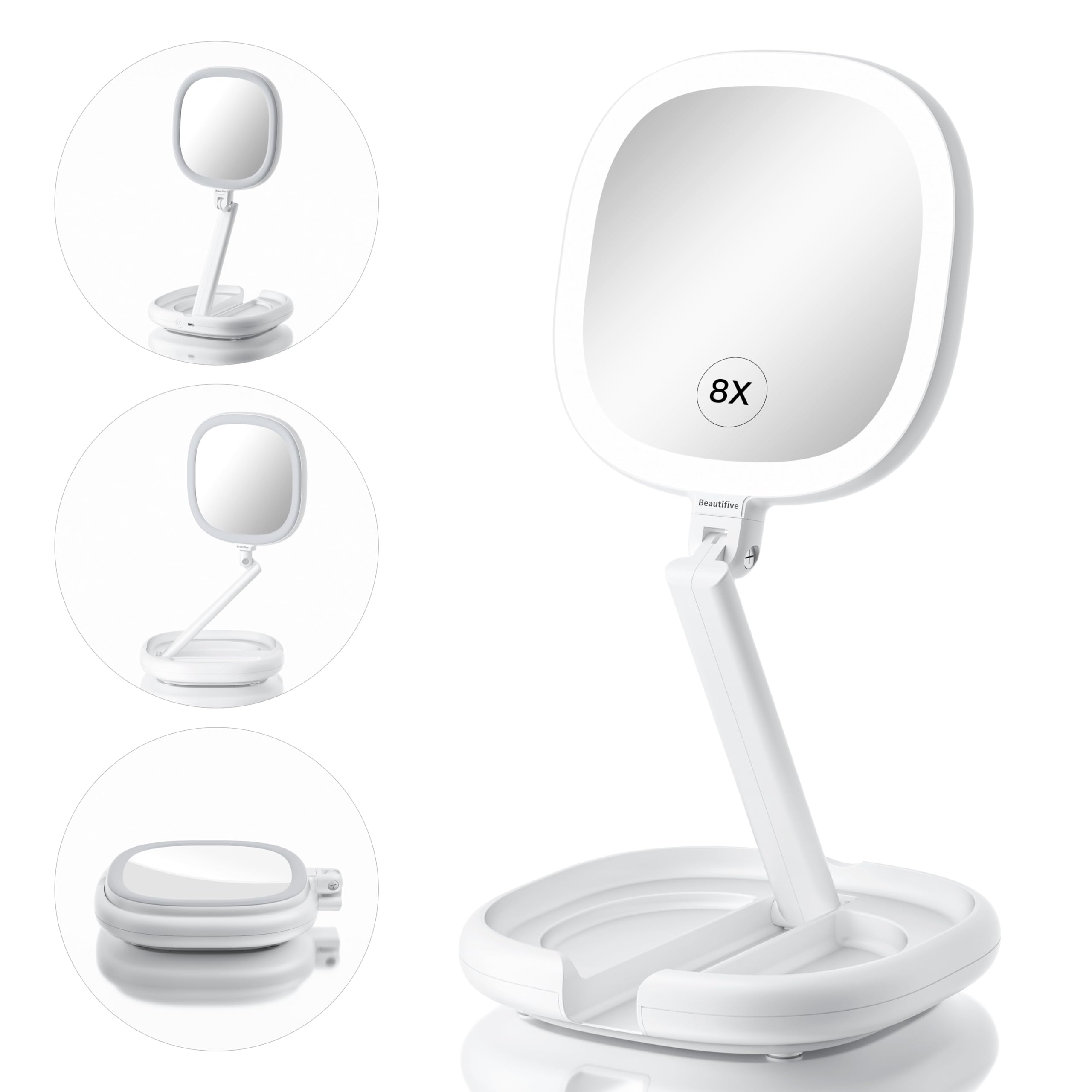 Beautifive Makeup Mirror with Lights and Magnification, 1X/8X Travel Lighted Makeup Mirror, Lighted Folding Travel Mirror with A