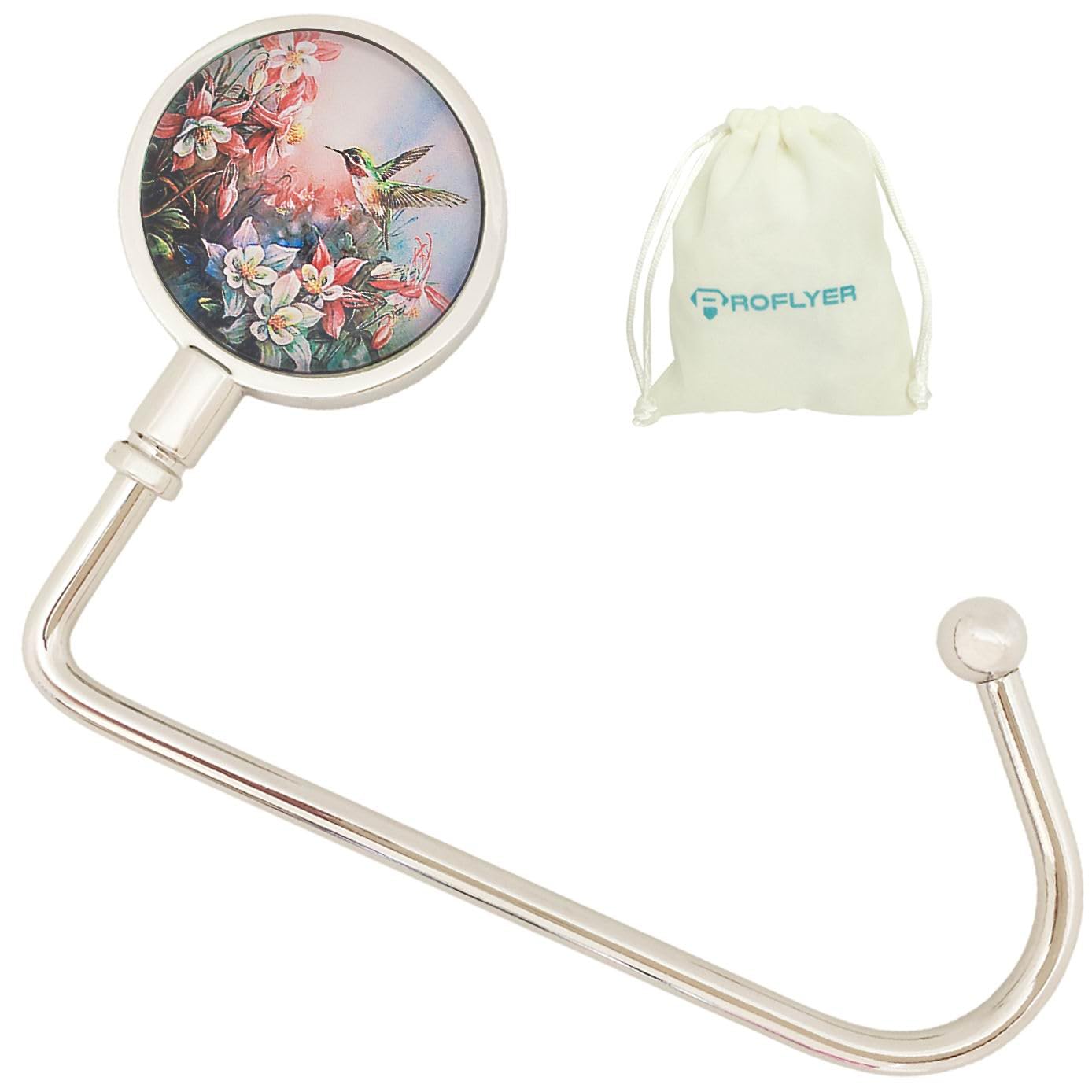ROFLYER Purse Hook Hanger for Table Bar Handbag Hanger Safer Cleaner Bag Table Hanger with Velvet Pouch (Hummingbird Flowers)