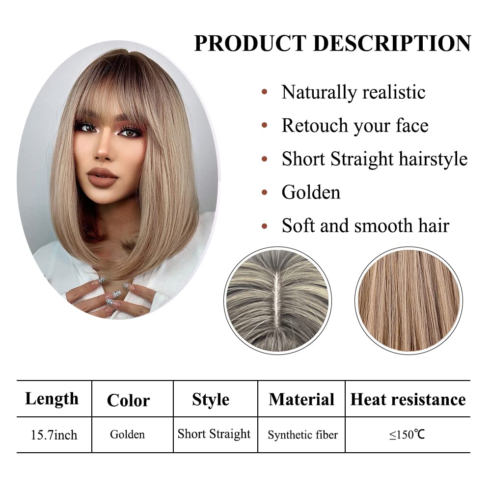 Emmor Blonde Bob Wigs For Women Shoulder Length Synthetic Wig With Fringe Bangs High Heat Resistant Wig(Ombre Blonde)