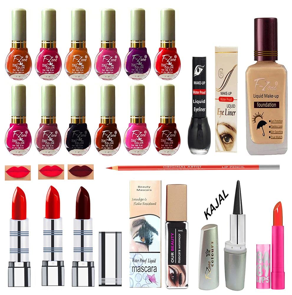 F Zone Makeup Kit With 12 Nail Polish Eye Liner Foundation 3 Lipstick Mascara Lip Balm And Kajal Vc109