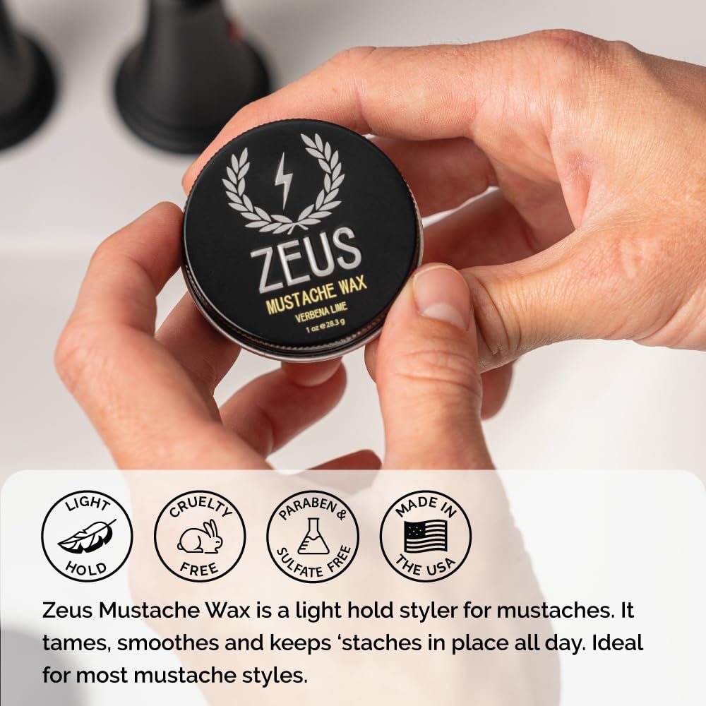 ZEUS Mustache Wax - Natural Shine, Moisturizing, Conditioning & Styling Mustache Wax, Light-Medium Hold - MADE IN USA (3 PACK)