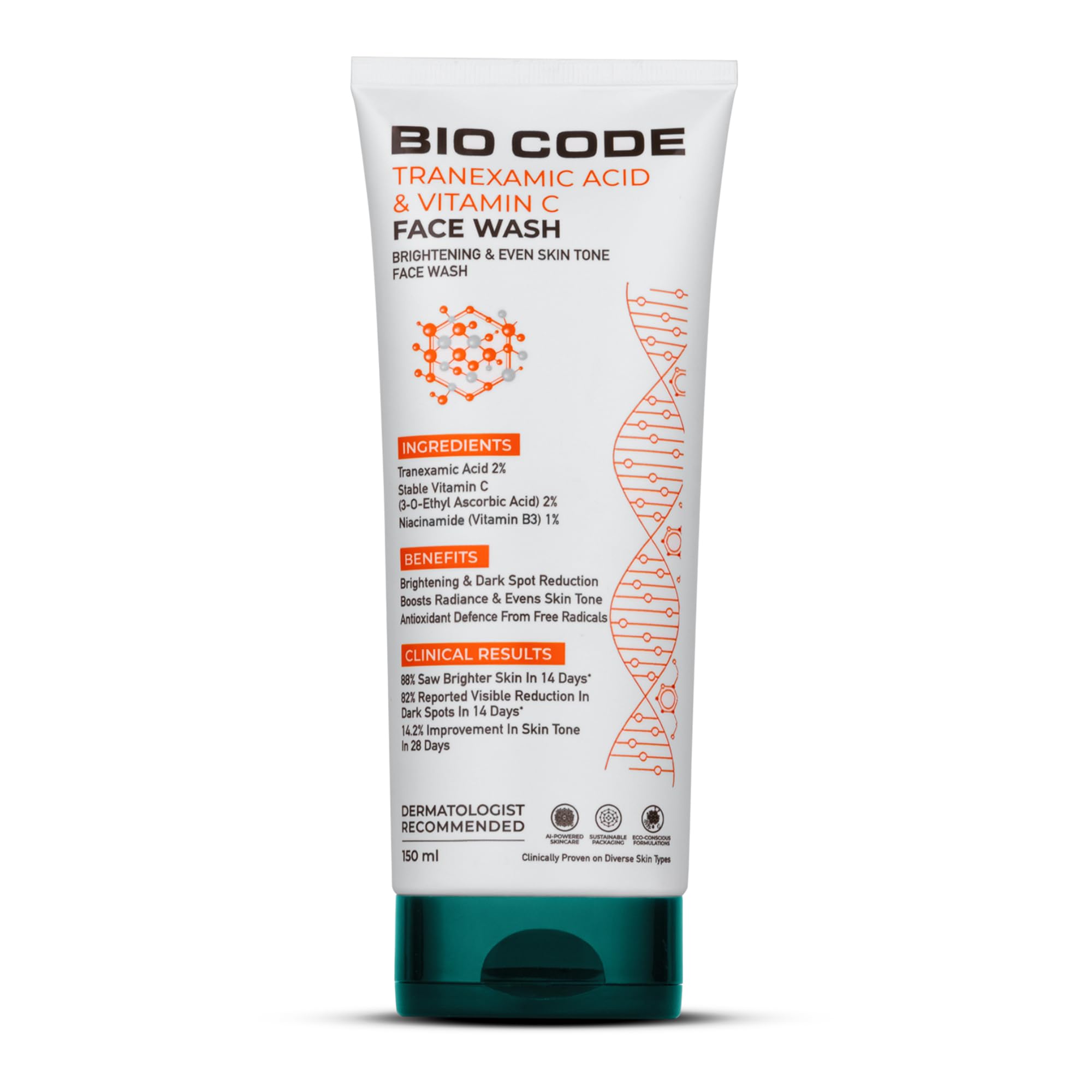 Bio Code 2% Tranexamic Acid Face Wash (150Ml) - Boosts Radiance & Evens Tone | 2% Vitamin C (3-O-Ethyl Ascorbic Acid) & 1% Niaci