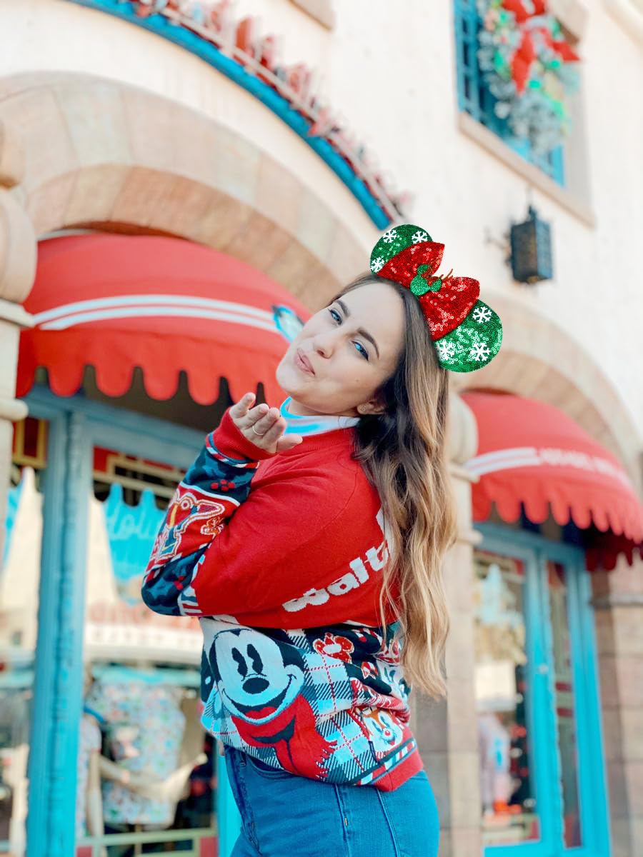 WOVOWOVO Christmas Mouse Ears Headbands for Women Girls, Bow Decoration Hairbands with Green Sequin and White Snowflake Headband