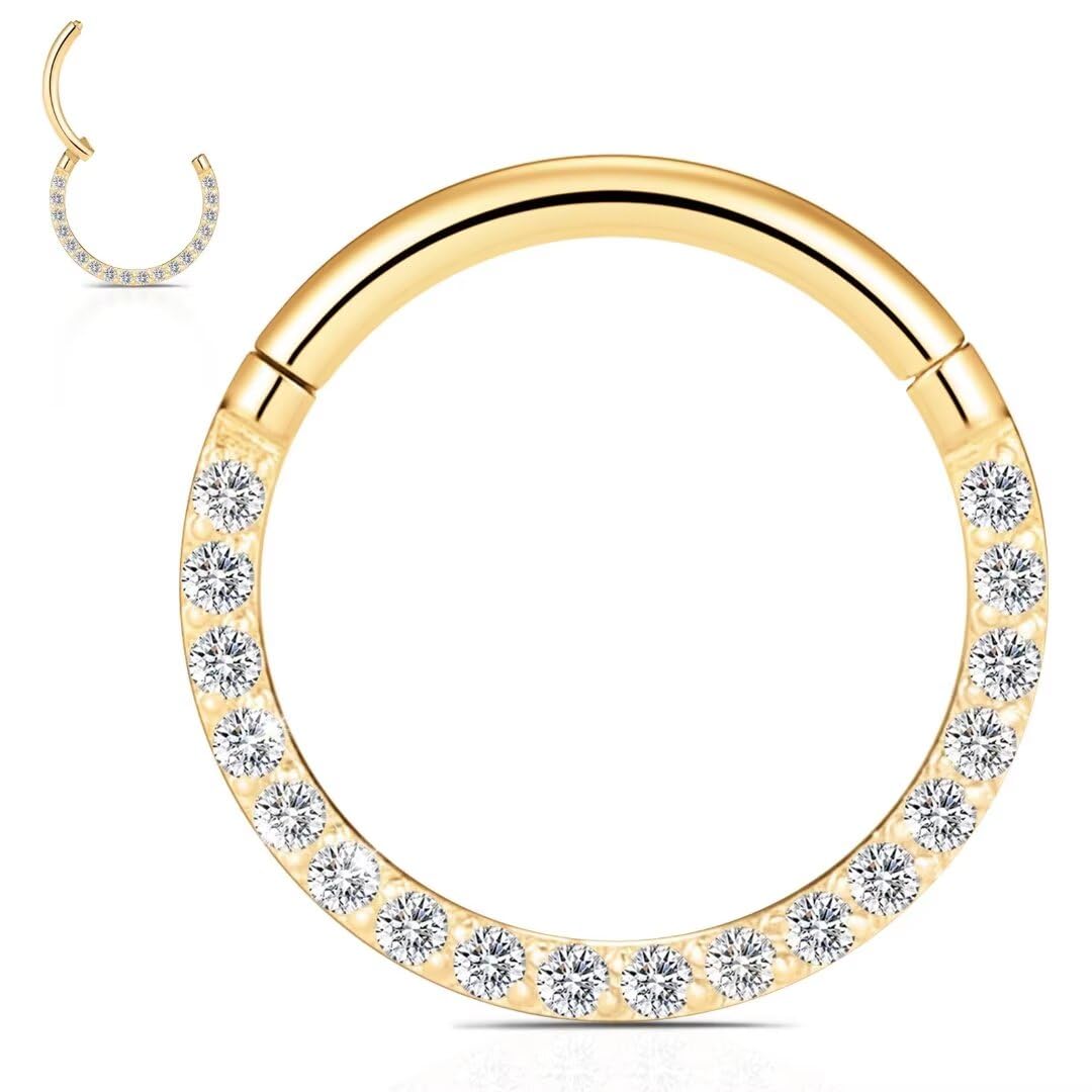 WBRWP 316L Stainless-Steel Hinged Flat Nose-Rings-Hoop : 14G(1.6mm) Unisex Body Pierecing Ring with Zircon Flat Segment Ring Lip