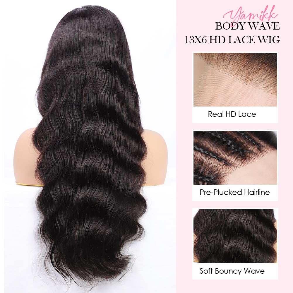 Yamikk 13X6 Hd Lace Front Wigs Human Hair Pre Plucked Bleached Knots 180 Density Body Wave Frontal Wigs For Women With Baby Hair