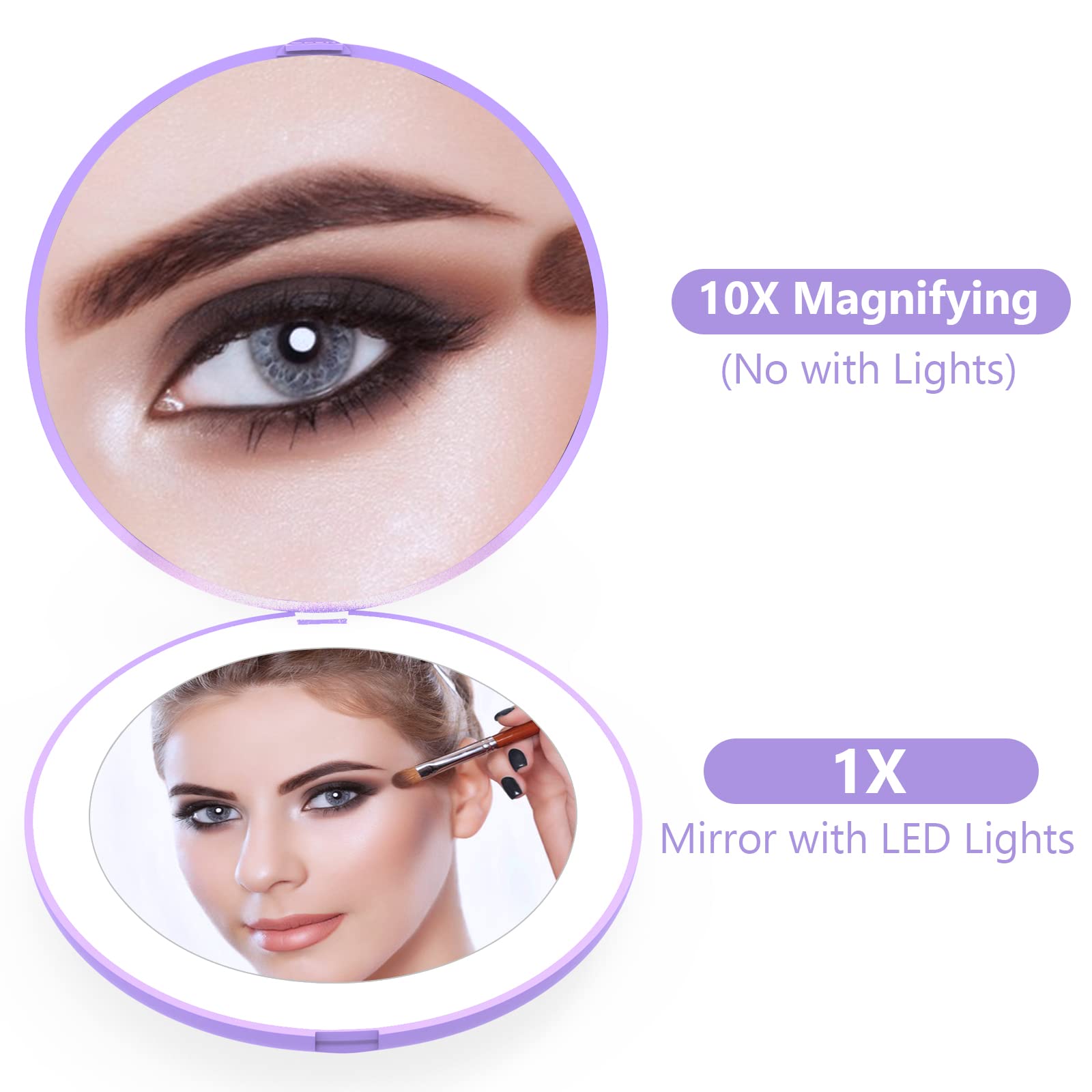Wobsion Rechargeable Led Travel Mirror, 1X/10X Magnification Compact Mirror With Light, Dimmable Led Travel Makeup Mirror,3 Colo