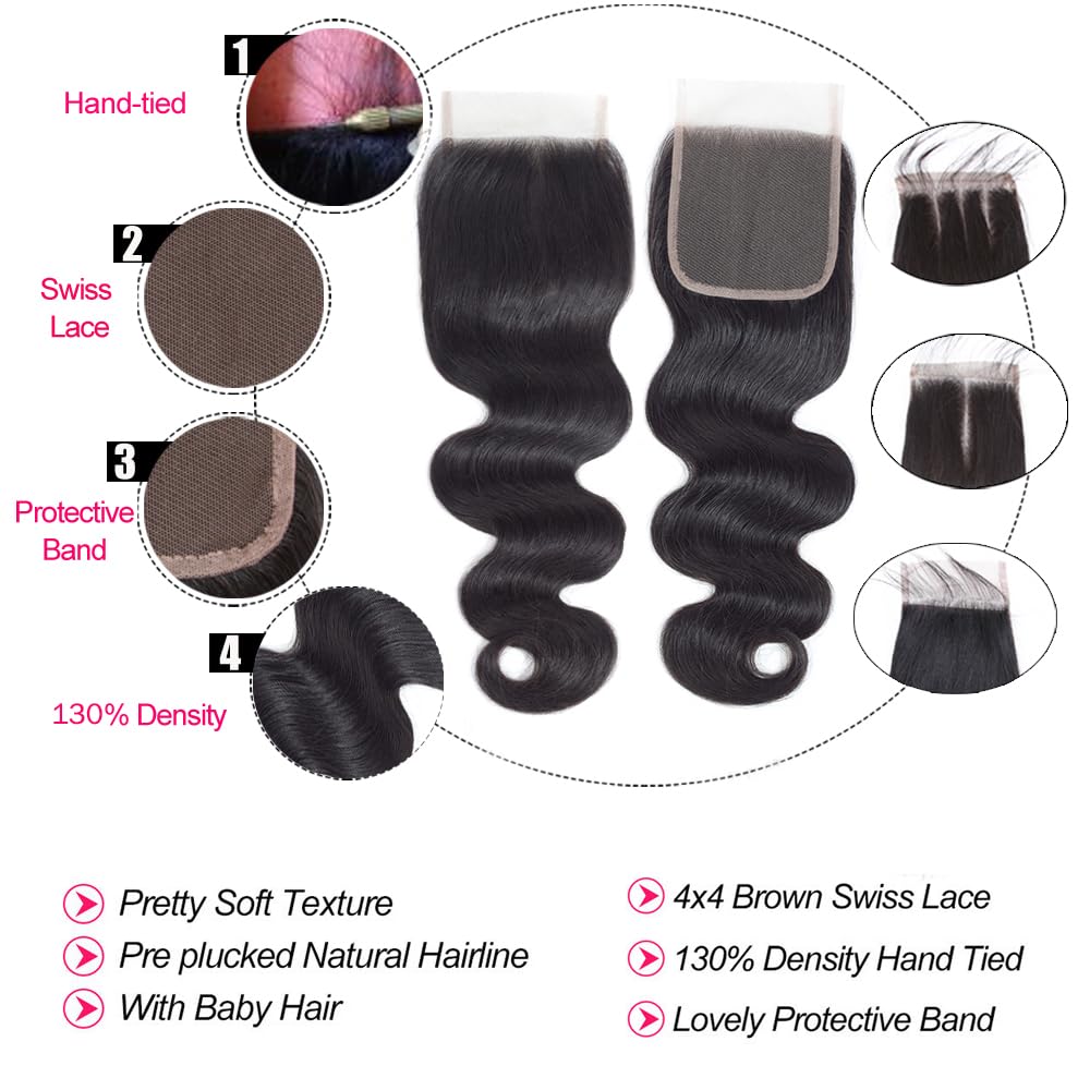 Body Wave Bundles With Closure (18 20 22+16 Closure) Human Hair Brazilian 3 Bundles With 4X4 Lace Closure Free Part 12A 100% Unp