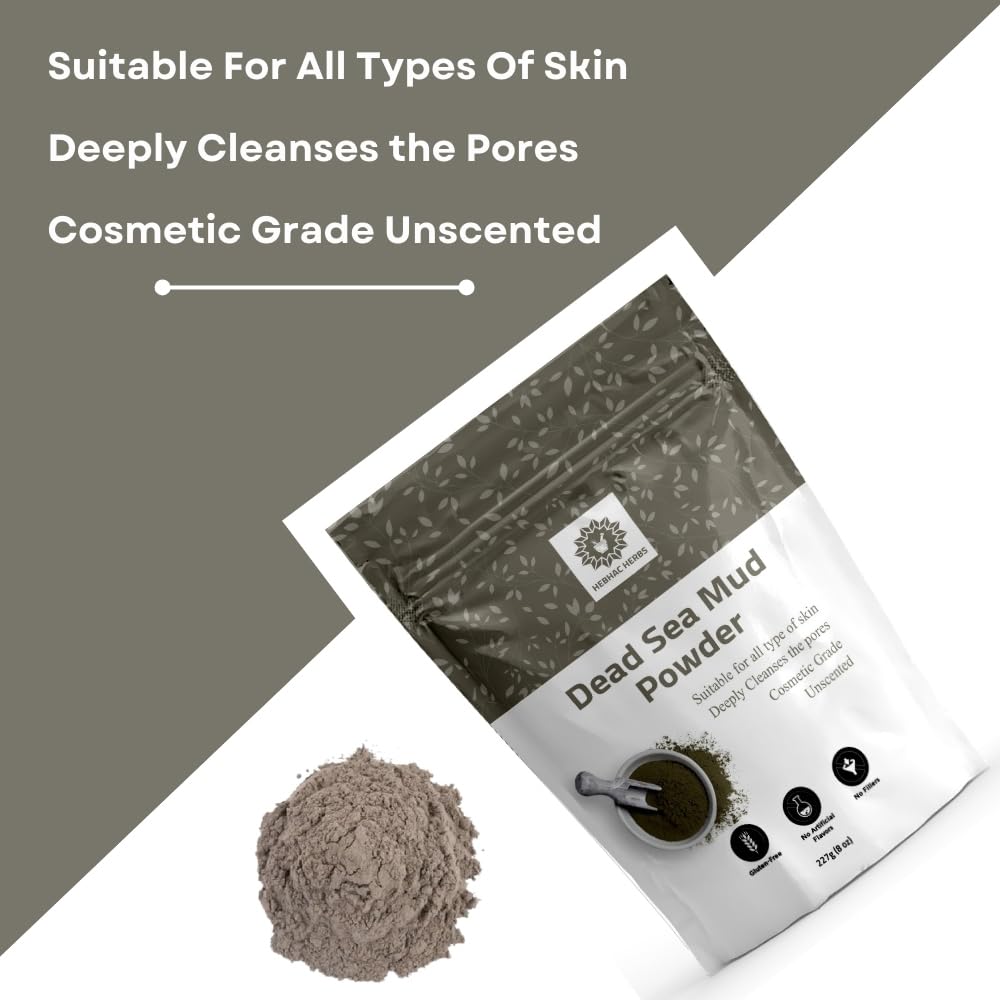 Hebhac Herbs Dead Sea mud powder 227 g | Powder for Facial Mask for Men & Women | Natural Facial Cleanser, Skin Tightening, Blac