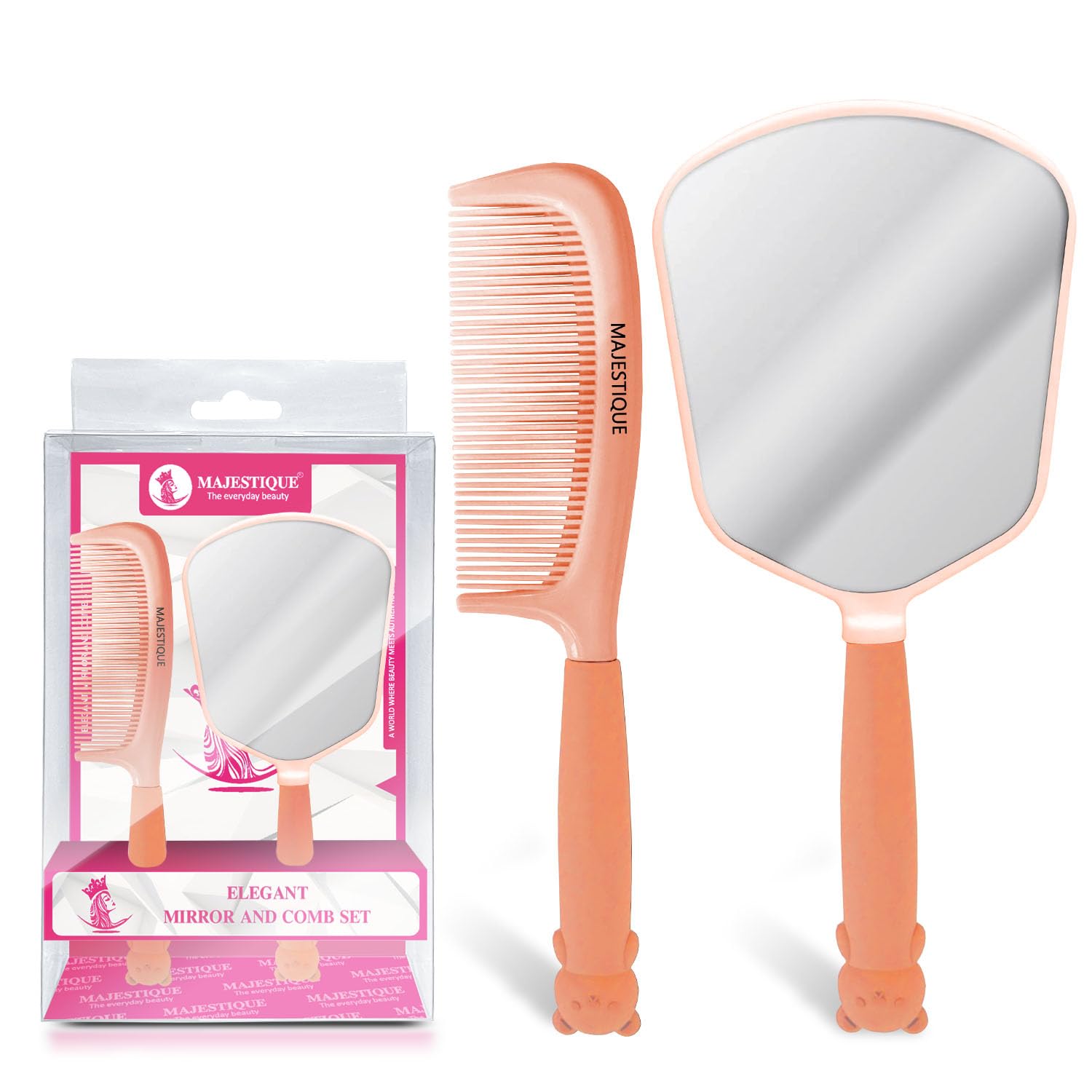Majestique Hair Comb And Mirror Set | Multicolour, 2Piece, Handheld, Portable, Compact | Makeup, Shaving, Traveling | 10.6Cm X 