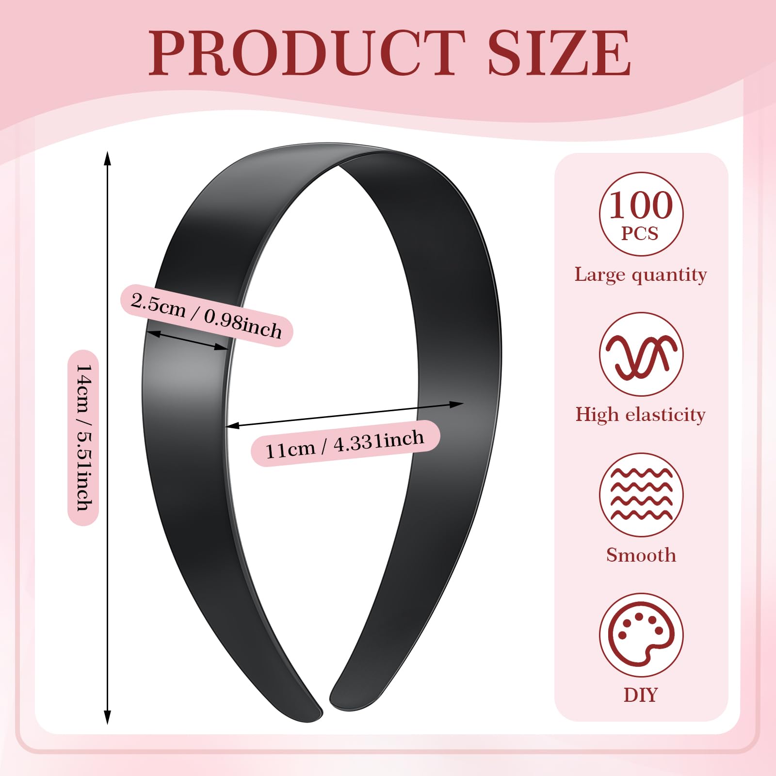 Hotop 100 Pcs Plastic Headbands Bulk 1 Inch Wide Craft No Teeth Plain Headbands DIY Hair Band Accessories for Girls Women (Black