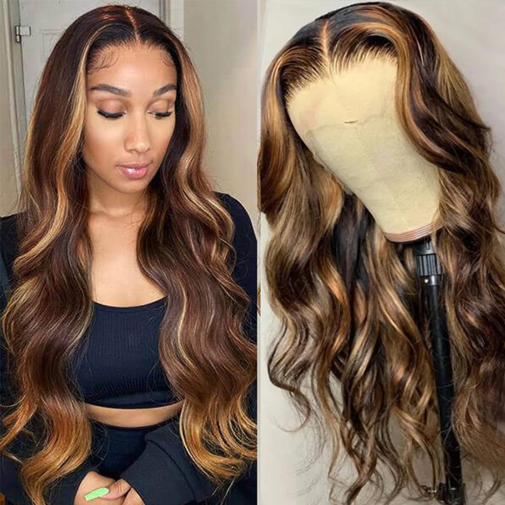 13x6 HD Highlight Ombre Lace Front Wigs Human Hair 180 Density Honey Blonde Glueless Body Wave Lace Front Wigs Pre Plucked with 