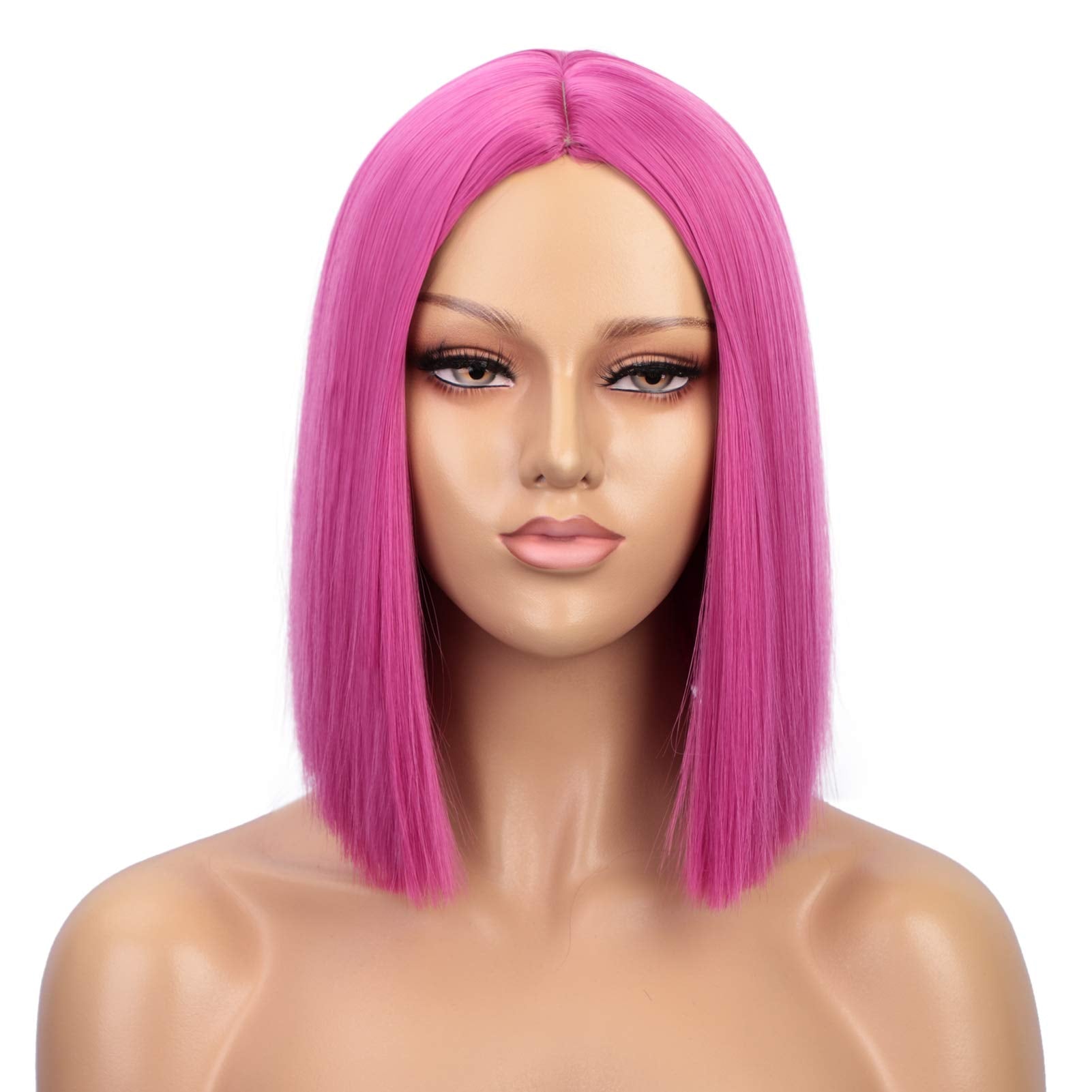 ENTRANCED STYLES Hot Pink Wig Short Straight Synthetic Hair 12Inch Colorful Wigs for Women Neon Pink Wig for Party Halloween Cos
