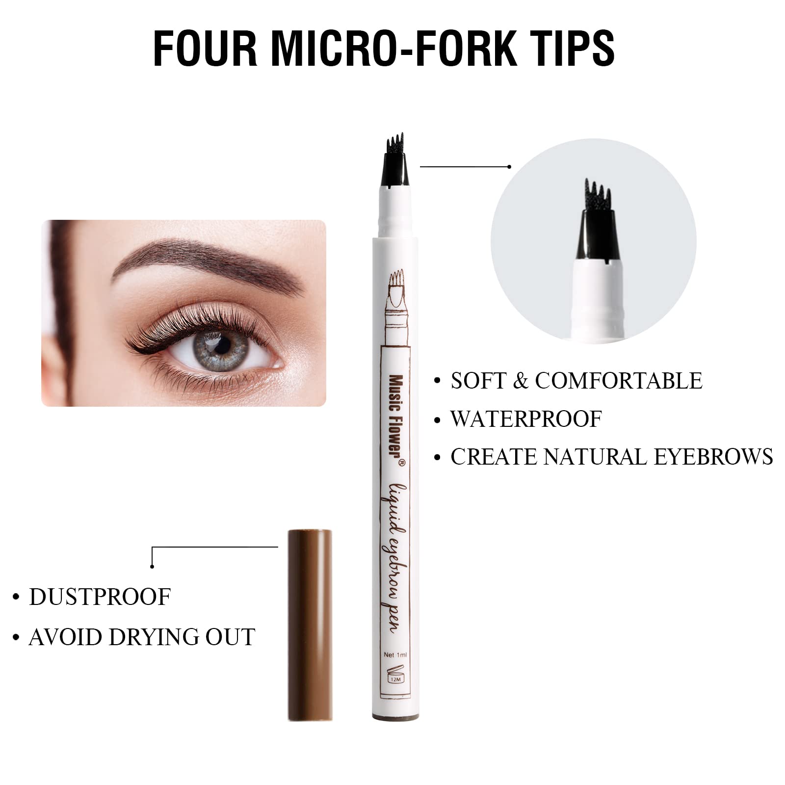 Music Flower Eyebrow Pen, Liquid Eyebrow Pen, Waterproof Brow Pencil With Micro-Fork Tip, Smudgeproof Long Lasting Fine Sketch M