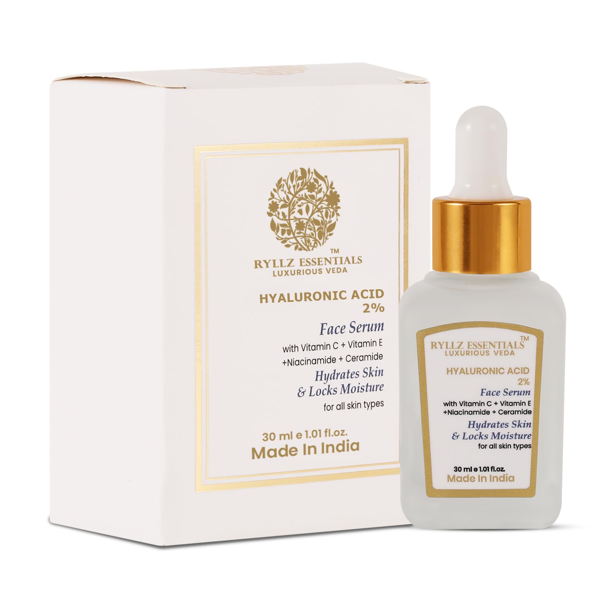 Ryllz Essentials 2% Hyaluronic Acid Face Serum | With Ceramide, 5% Niacinamide, Aloe Vera, Vitamin E & Vitamin C | For Intense H