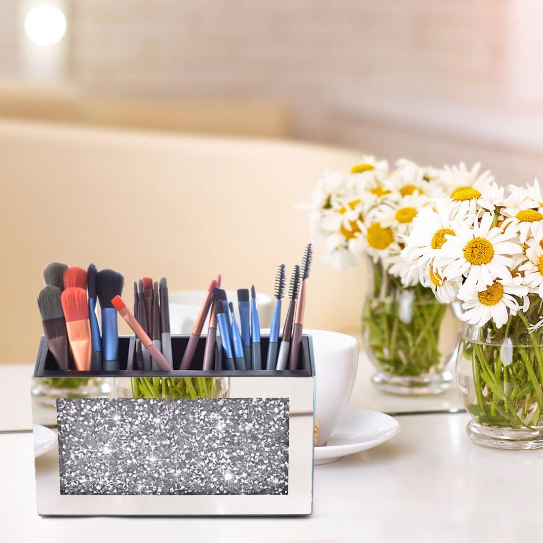 Amezey Crystal Crushed Diamond Silver Makeup Brush Holder Organizer, 3 Slot Mirrored Cosmetics Brushes Storage Case, Cute Pen an