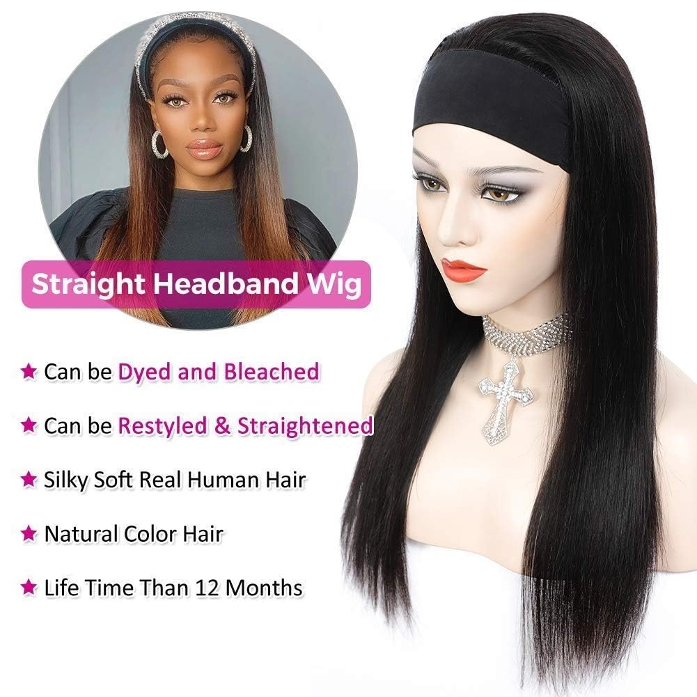 Tnice Headband Wig Human Hair Straight 20 Inch Brazilian Virgin Human Hair Headband Wigs For Black Women Glueless None Lace Fron