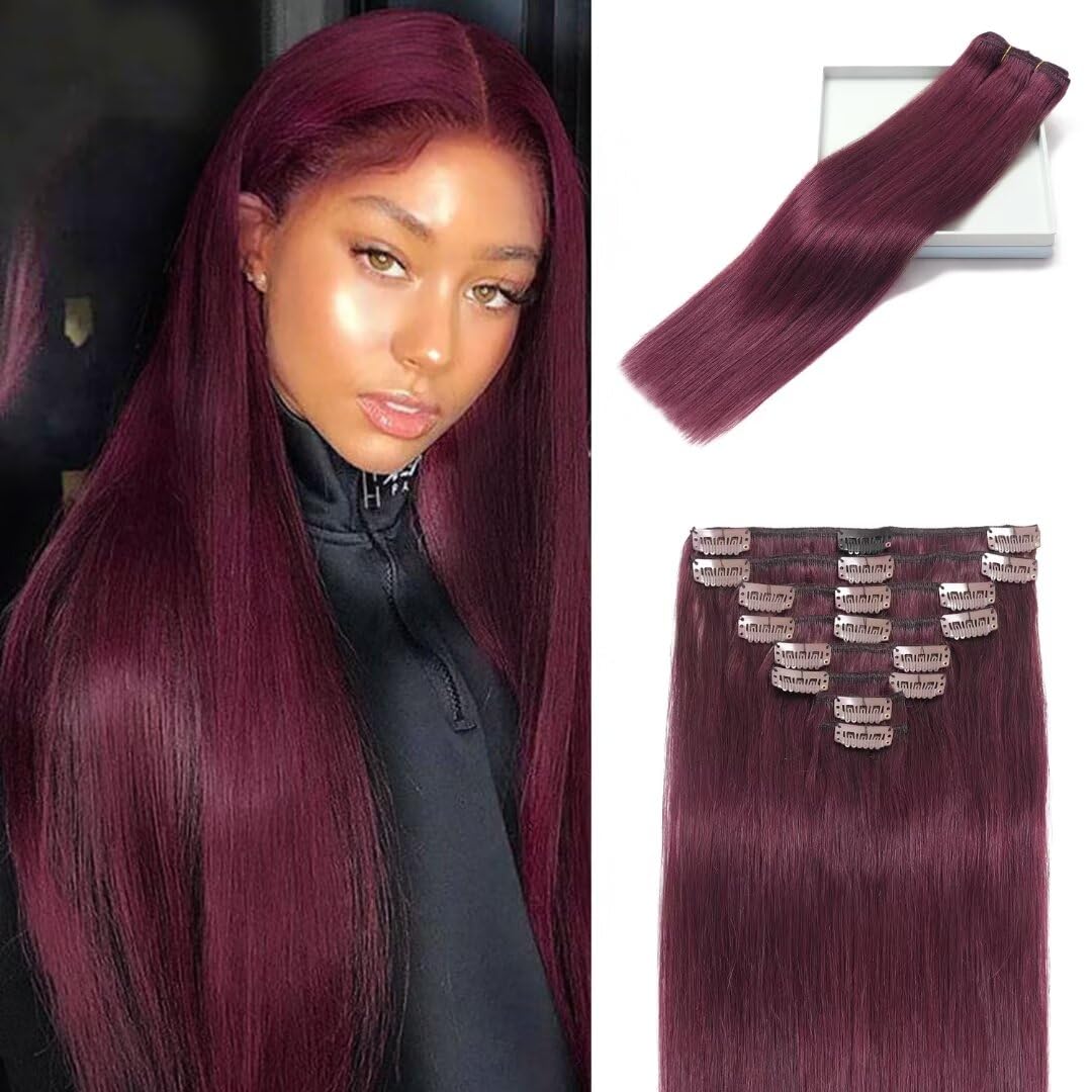 LORIEN Clip in Hair Extensions Real Human Hair, 22 Inch 110g, 99J Burgundy, Clip in 100% Brazilian Remy Human Hair Extensions 8p
