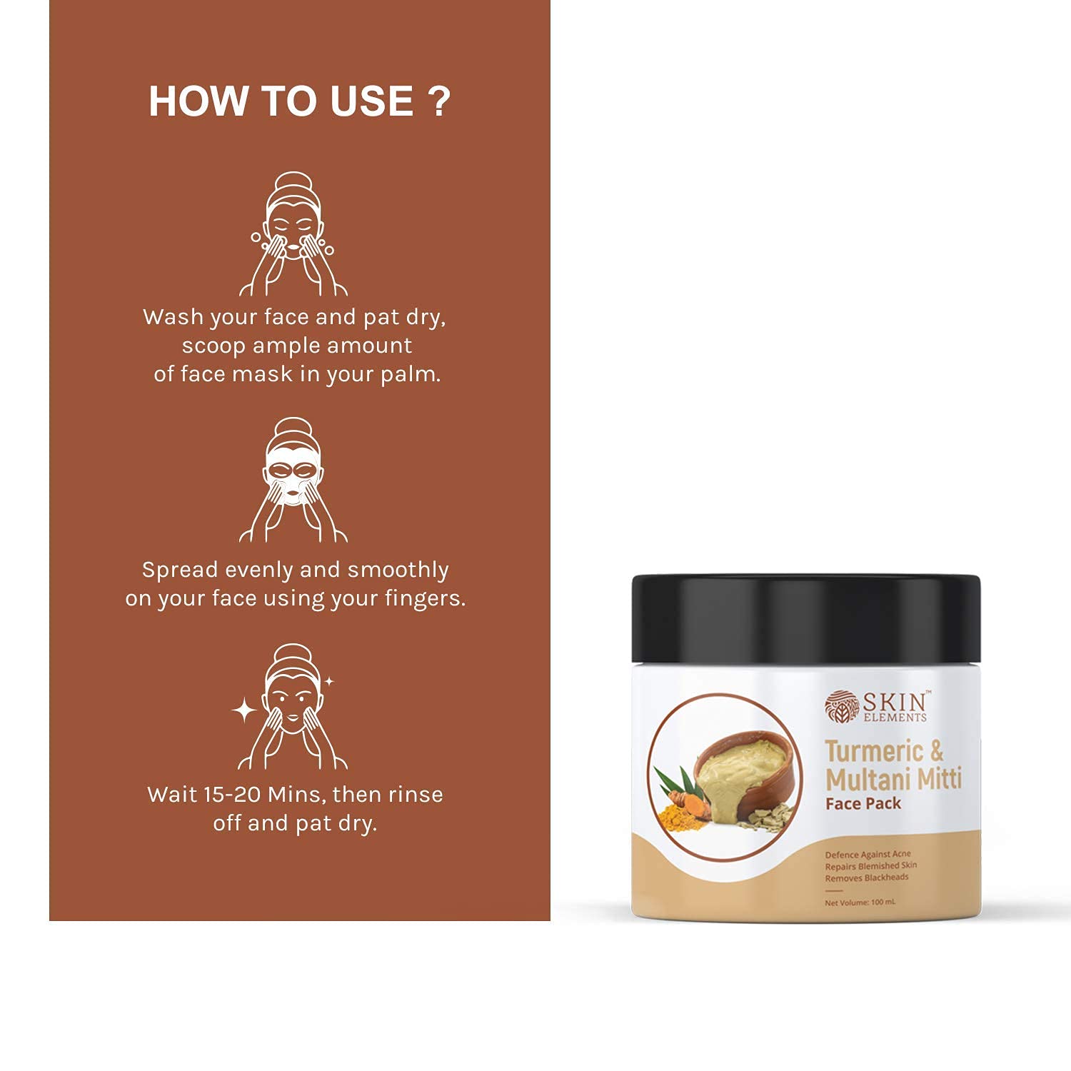 Skin Elements Fullers Earth (Multani Mitti) & Turmeric (Haldi) Natural Face Pack for Healthy & Glowing Skin | Reduces Dark Spots
