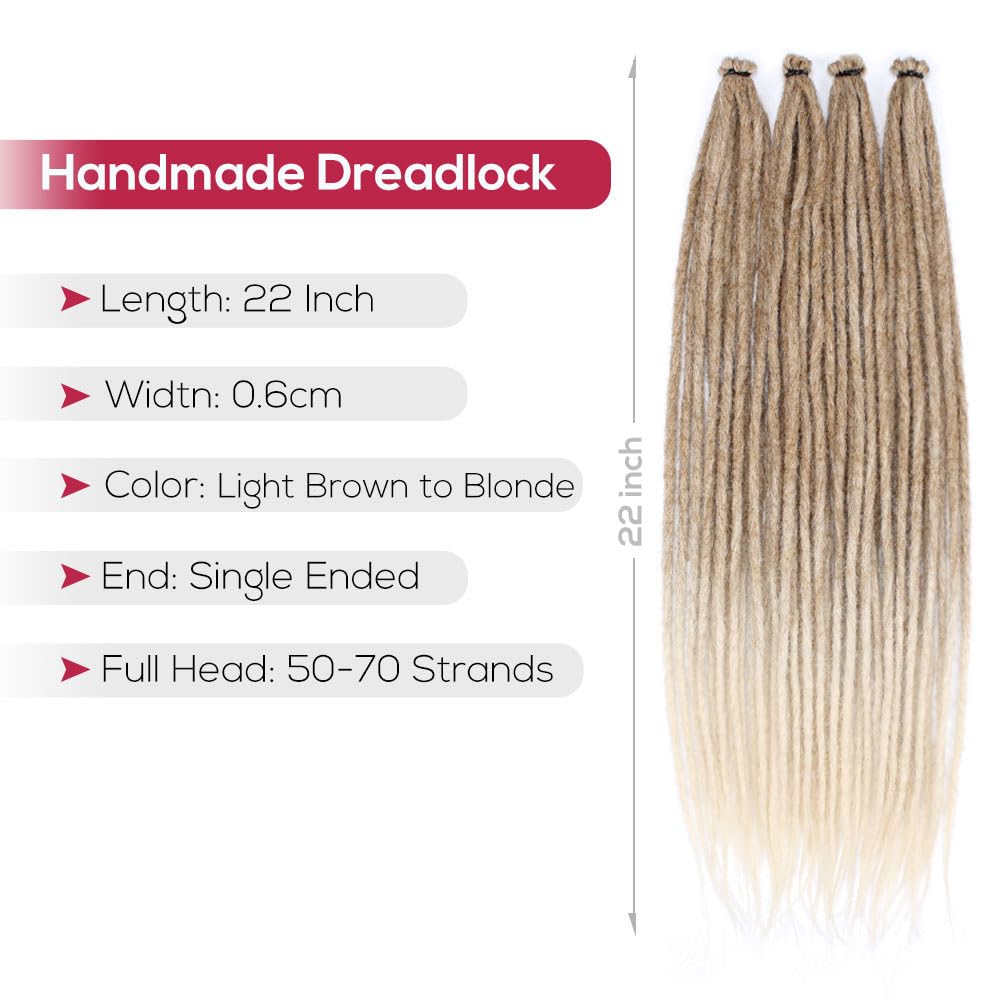Kraler Dreadlock Extensions, 22 '' Brown to Blonde Synthetic Crochet Dreads Extensions 100% Handmade Single Ended Dreads Thin 0.
