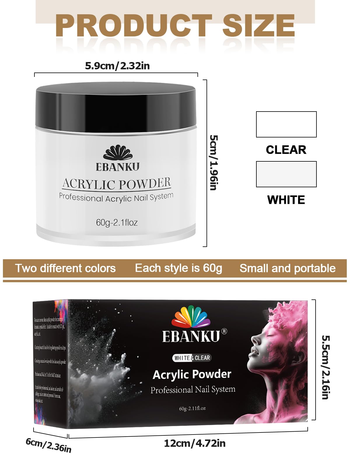 Ebanku 2 Colors Acrylic Nail Powder Set, White Clear Acrylic Powder Professional Nail Acrylic Powder For Nail Acrylic Extension,