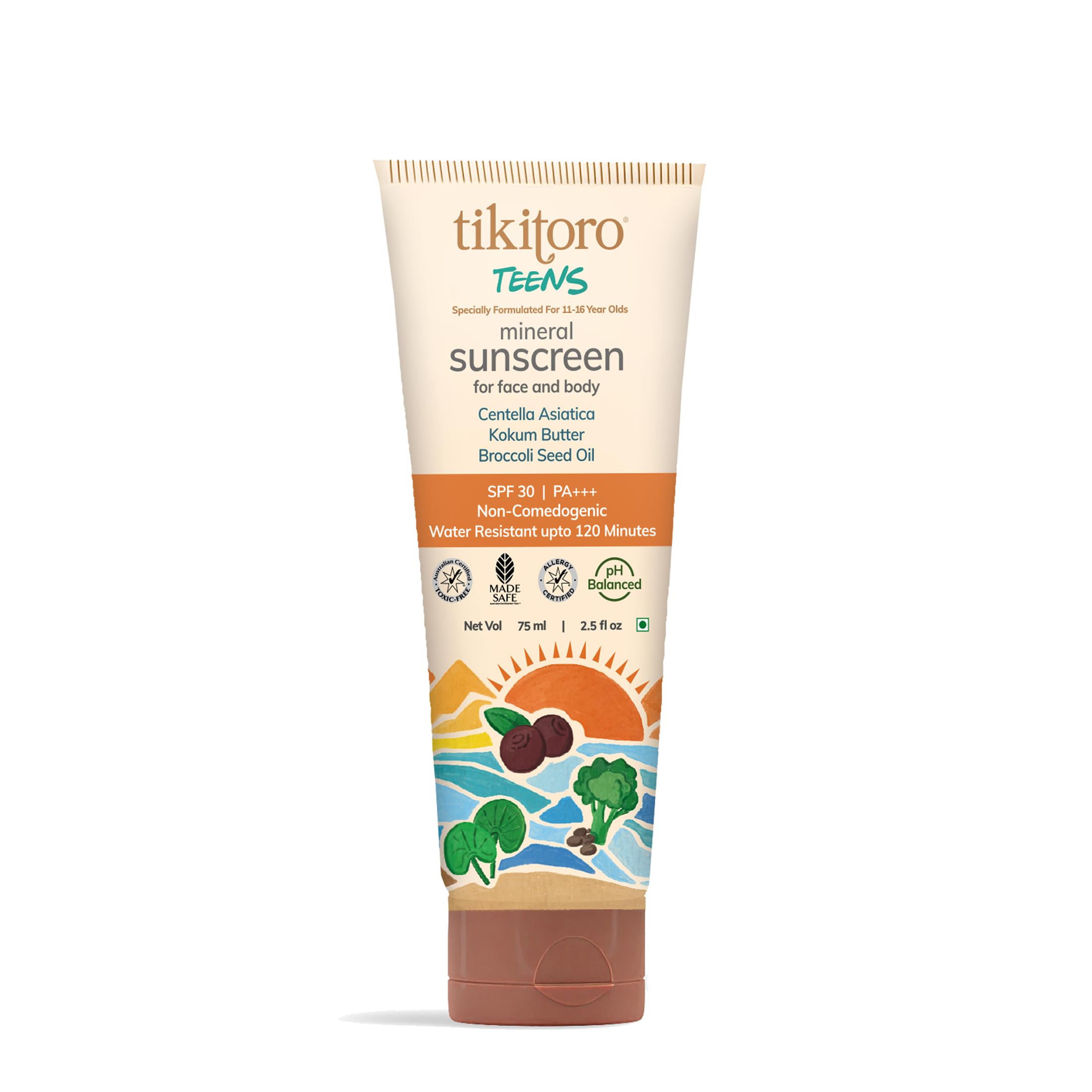 Tikitoro Teens Mineral Sunscreen With Spf 30, Pa+++. Contains Kokum Butter, Broccoli Seed Oil, & Non Nano Zinc Oxide. Prevents T