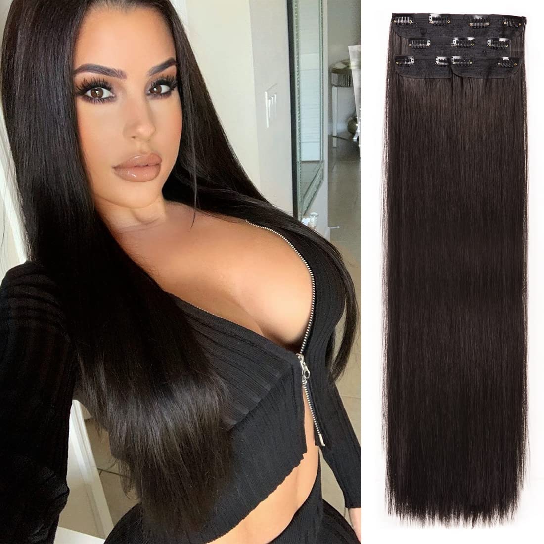 DOCUTE Natural Black Clip in Hair Extensions Black Women 4 Pieces, Full Head Long Straight Hair Extensions Clip ins Double Weft 