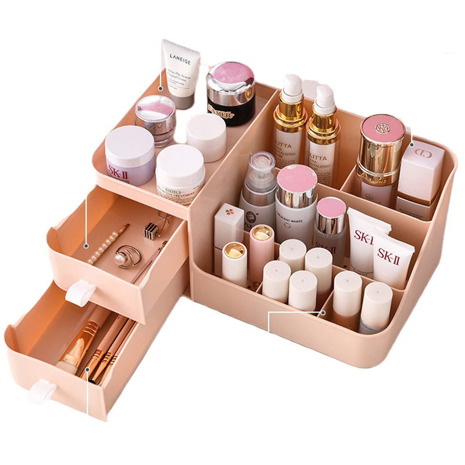 POFUOT Skin Care Organizer - Makeup Vanity Countertop Organizer with Drawers, Brush Holder for Lipstick, Eyeshadow, Desktop (Pol