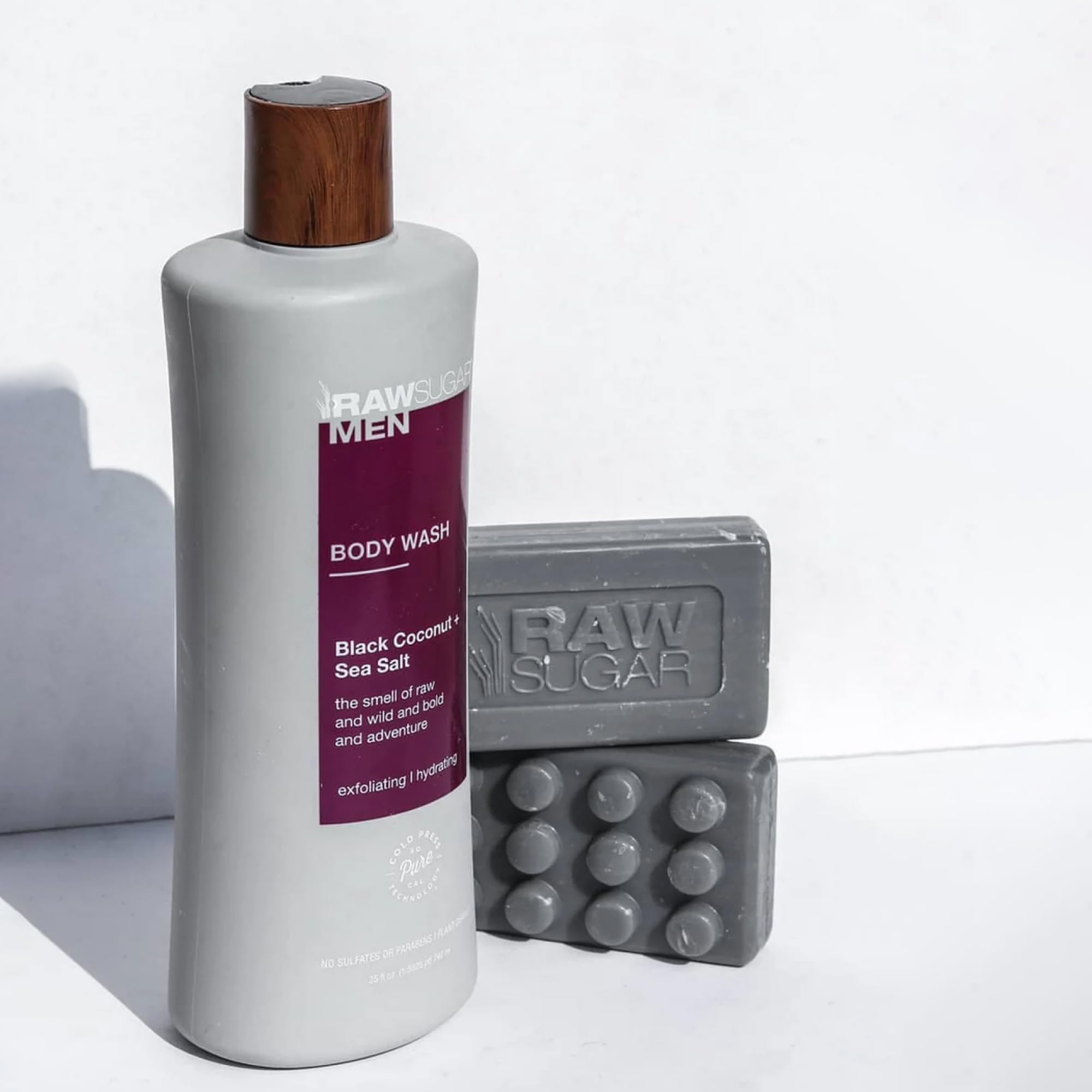Raw Sugar 3-Pack Body Wash Men - Black Coconut + Sea Salt Exfoliating And Hydrating Body Wash, Formulated Without Parabens, Crue