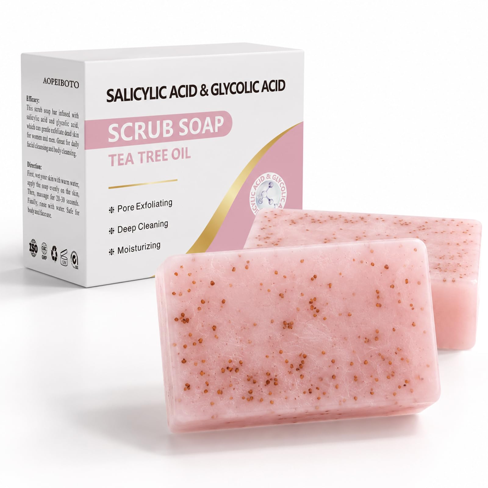 AOPEIBOTO Body Scrub Soap Bar, Exfoliating Bar Soap with Salicylic Acid & Glycolic Acid Tea Tree, Deep Pore Cleanser, AntiBlemi