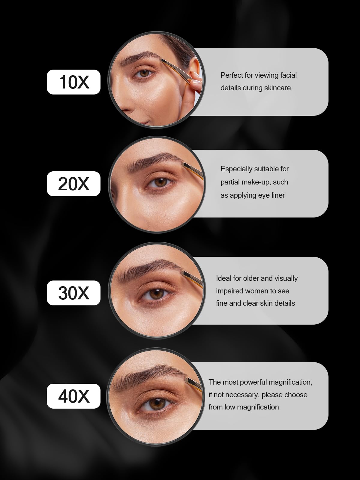 Macaki 10X&40X Magnifying Mirrors with Suction Cups and 2 Tweezers Set, 3.5 inches Magnified Makeup Mirror, Black, 2PCS