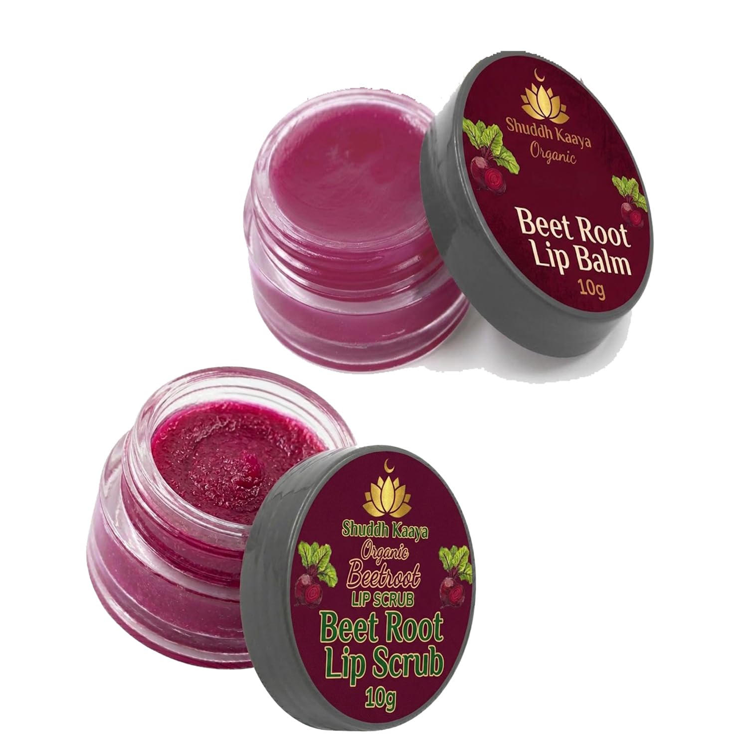 Shuddh Kaaya Organic Beetroot Lip Care Kit | Lip Scrub & Lip Balm Combo (10G Each) | Beetroot Extracts For Soft, Smooth & Nouris