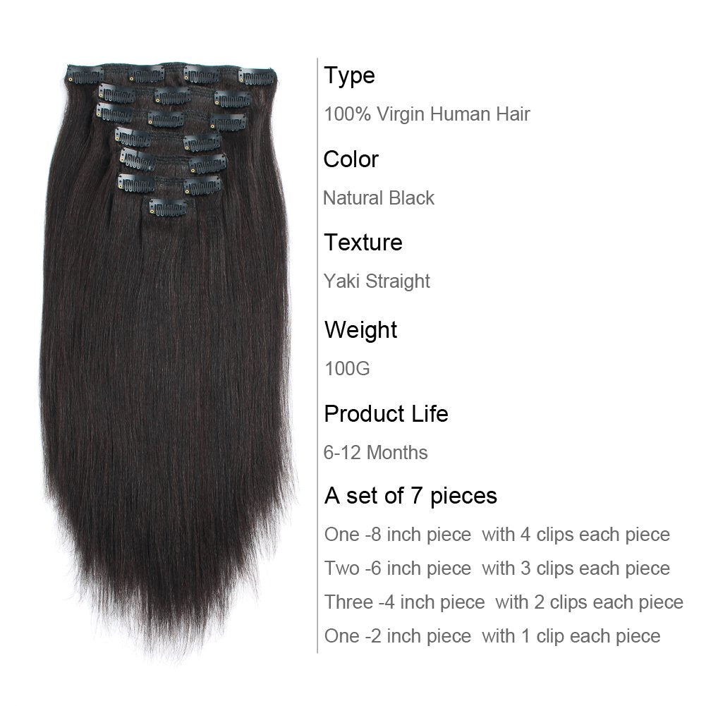 ABH AmazingBeauty Hair Yaki Straight Human Hair Clip ins Real Remy Yaky Clip in for African American Relaxed Hair 7 Pieces 120 G