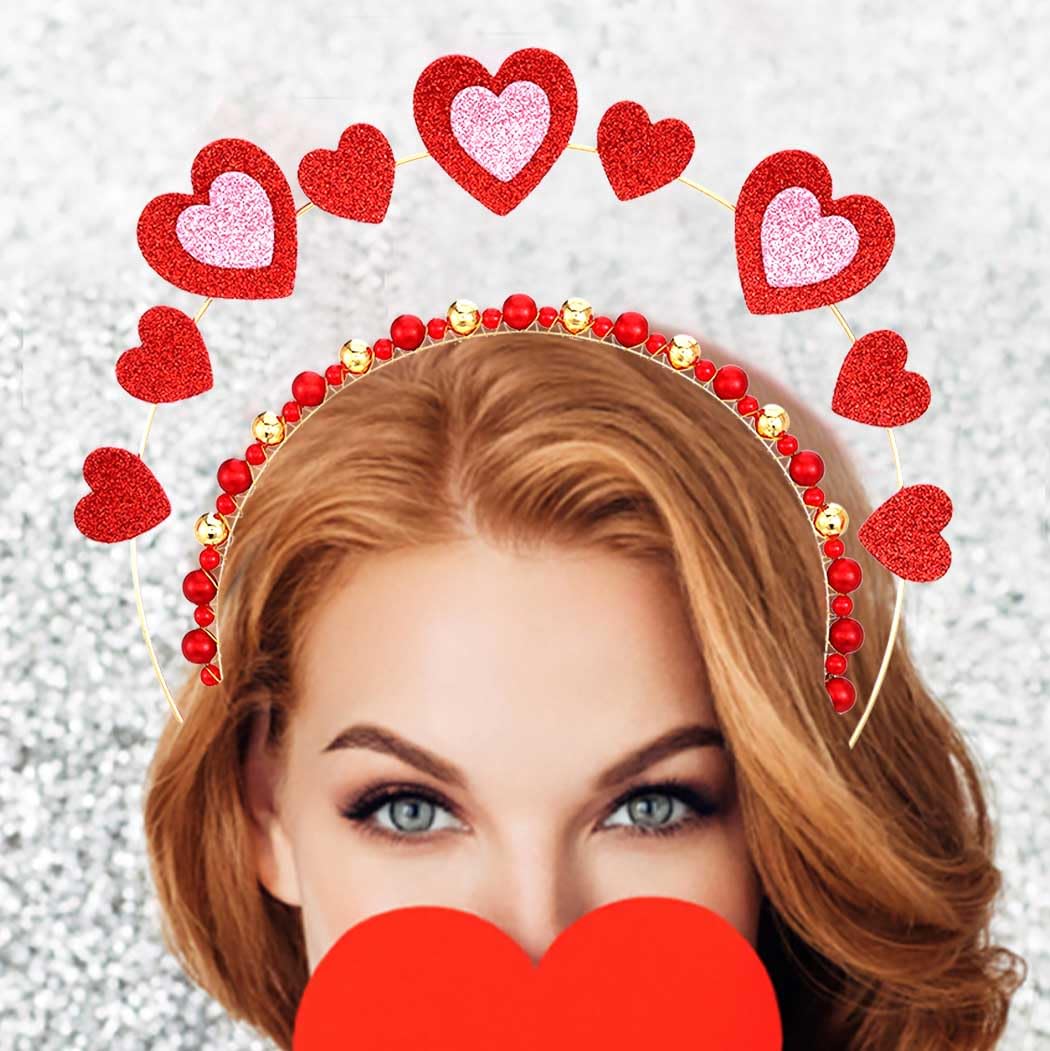 Yalice Sequins Heart Headband Crown Valentine's Day Headbands for Women Red Beaded Hair Band Bling Love Headpieces Hearts Shaped