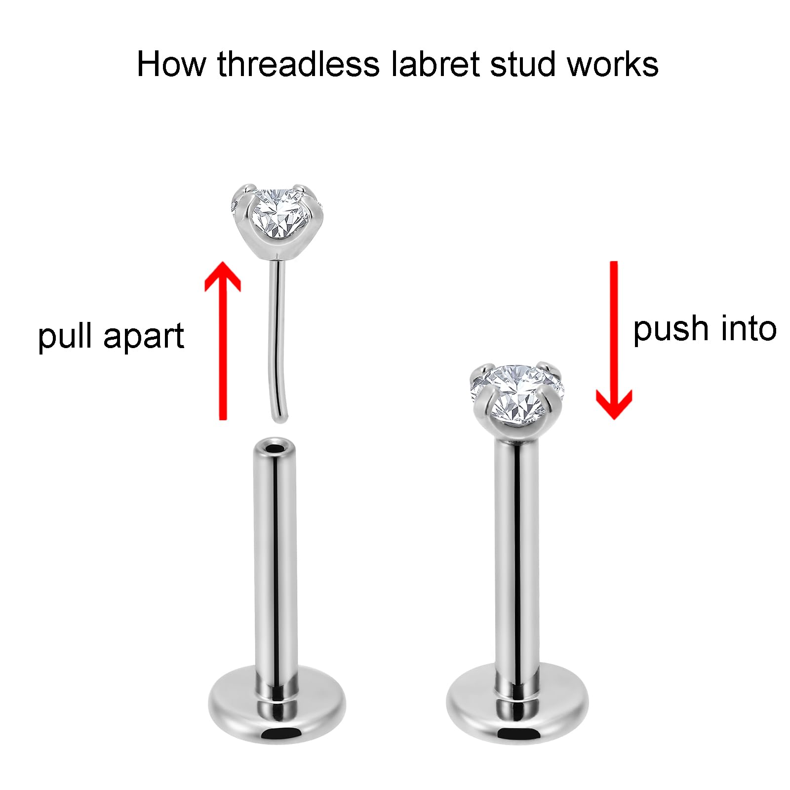 NewkeepsR 16G G23 Titanium Press Fit Threadless Push Pop in 2.5mm Cubic Zirconia Top Labret Lip Monroe Stud Tragus
