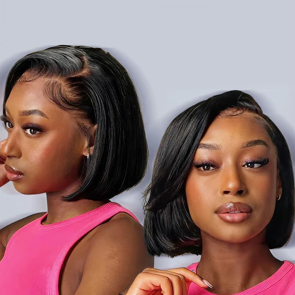 Qangelabeauty 180 Density 13x4 HD Frontal Human Hair Lace Front Human Hair Pre Plucked Brazilian Virgin Natural Black Bob Wig wi