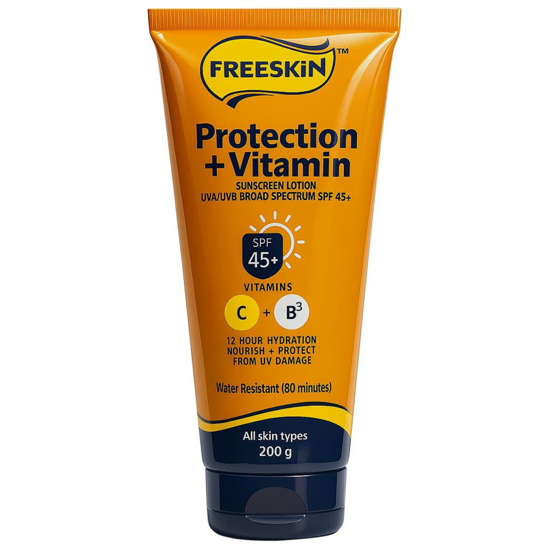 Free Skin Protection + Vitamin Sunscreen Lotion SPF 45+ | Broad Spectrum UVA/UVB | Enriched with Vitamin C & B3 | 12 Hrs Hydrati