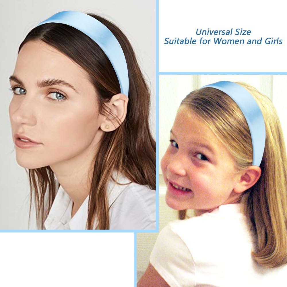 AHONEY Light Blue Headband for Women Girls Satin Silk Headband Non Slip 1.57  Wide Plain Head Band Solid Hair Band DIY Halloween