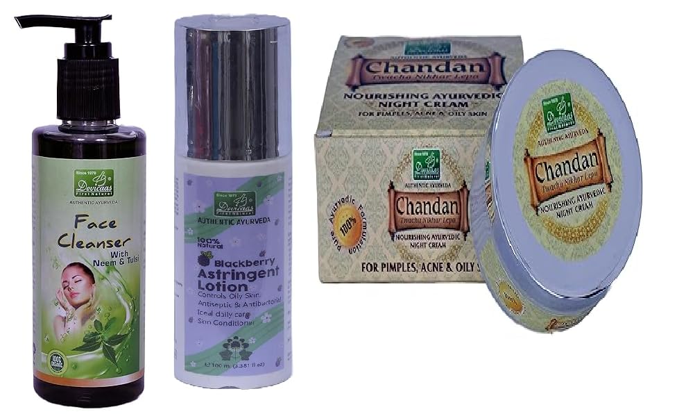 Devicaas Ayurvedic Oily Skin Care Combo  Chandan Twacha Nikhar Lepa 50G + Blackberry Astringent Lotion 100Ml + Neem Tulsi Face 