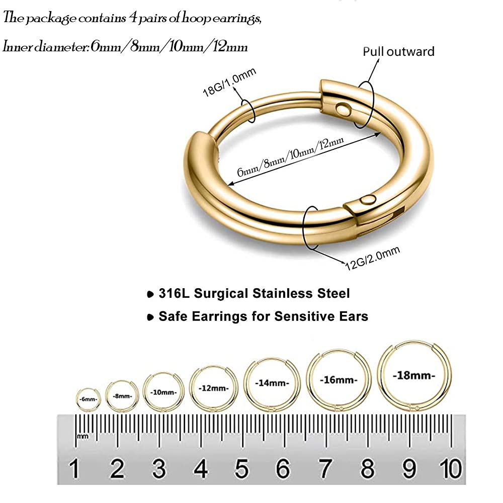 316L Surgical Stainless Steel Huggie Hoop Earrings 6mm 8mm 10mm 12mm Gold Hypoallergenic Earrings Hoop Cartilage Helix Lobes Hin