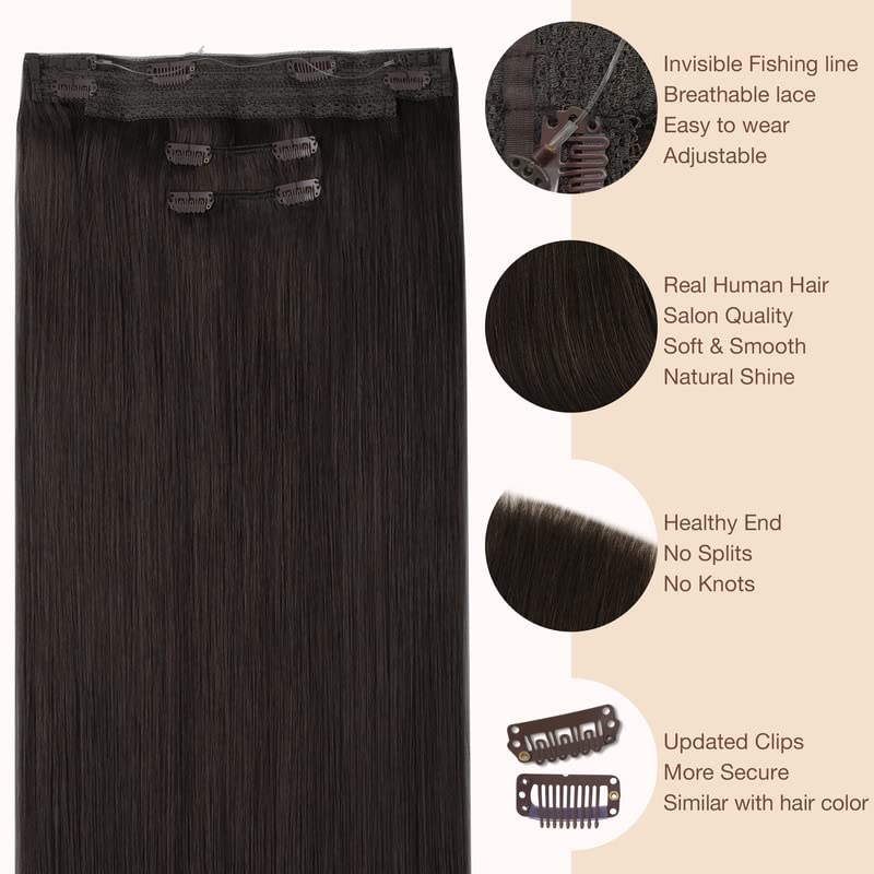 Goo Goo Wire Hair Extensions Human Hair, 2 Dark Brown Natural 18Inch 125G, Invisible Wire Hair Extensions With Transparent, Seam