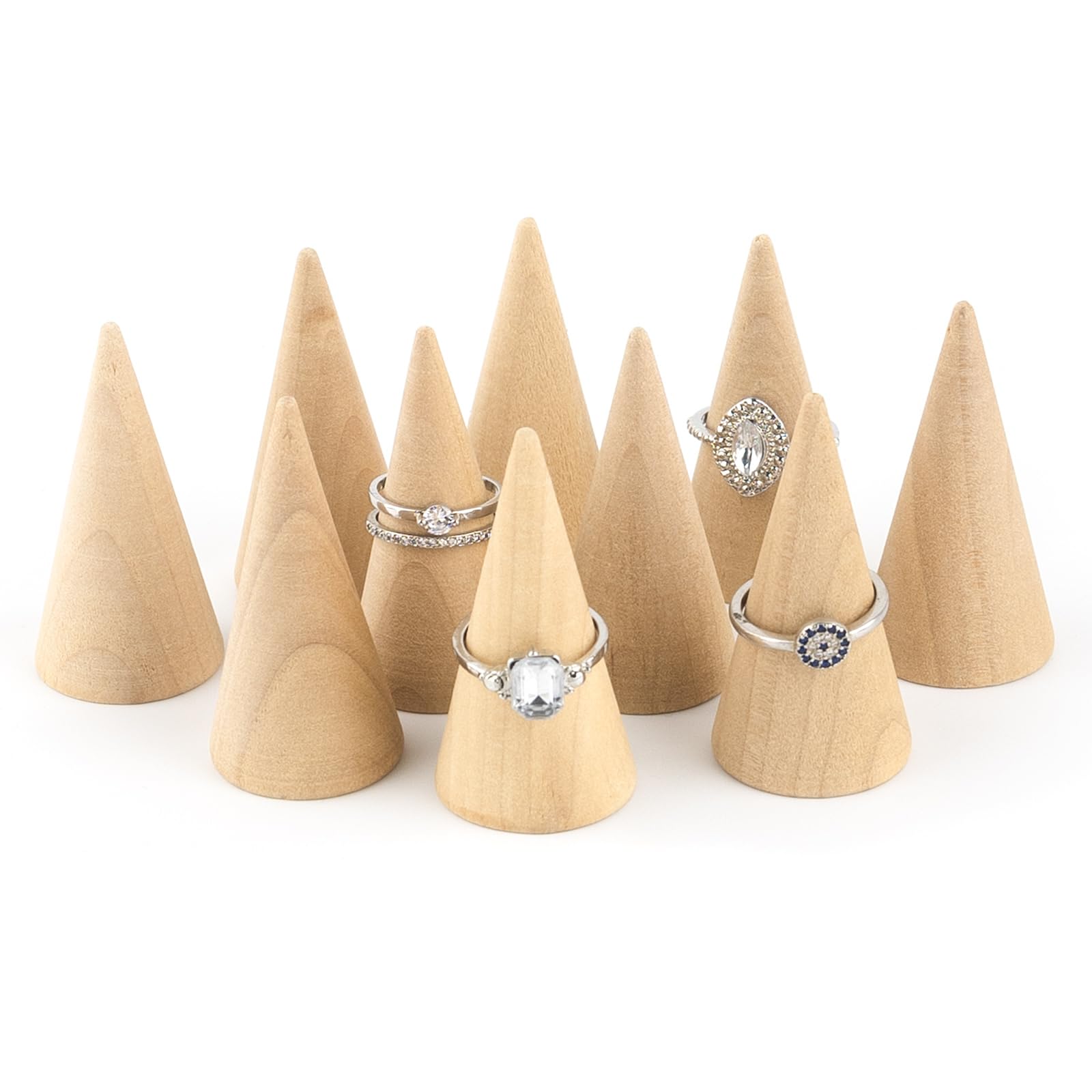 AUEAR, 10 Pack Wood Cone Ring Holder Finger Jewelry Display Stand DIY Craft Wooden (Natural, Vertical Shaped)