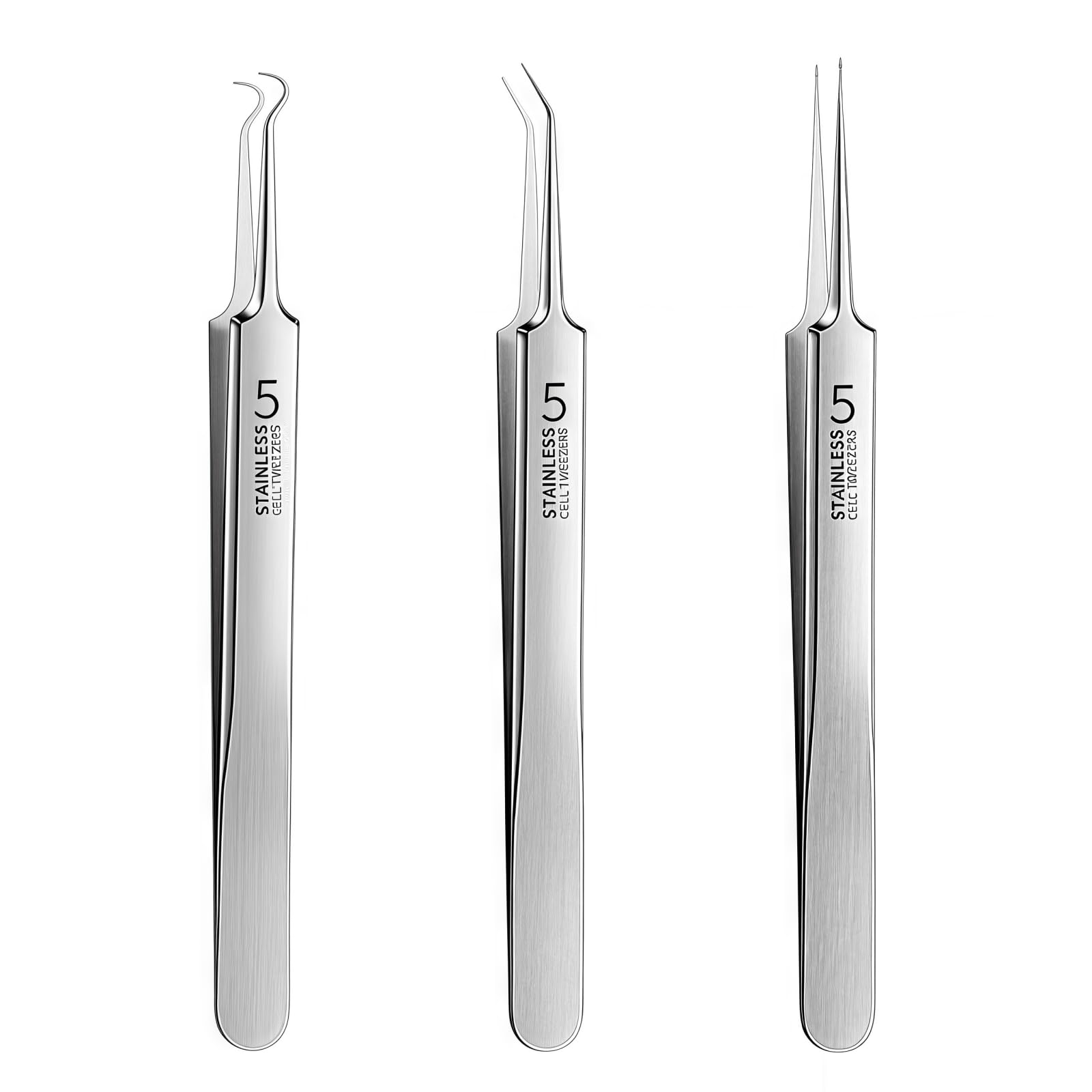 3Pcs Silver Professional Blackhead Tweezers Set,Acne Removal Kit with Precision Pimple Popper Tool and Storage Box,Facial Comedo