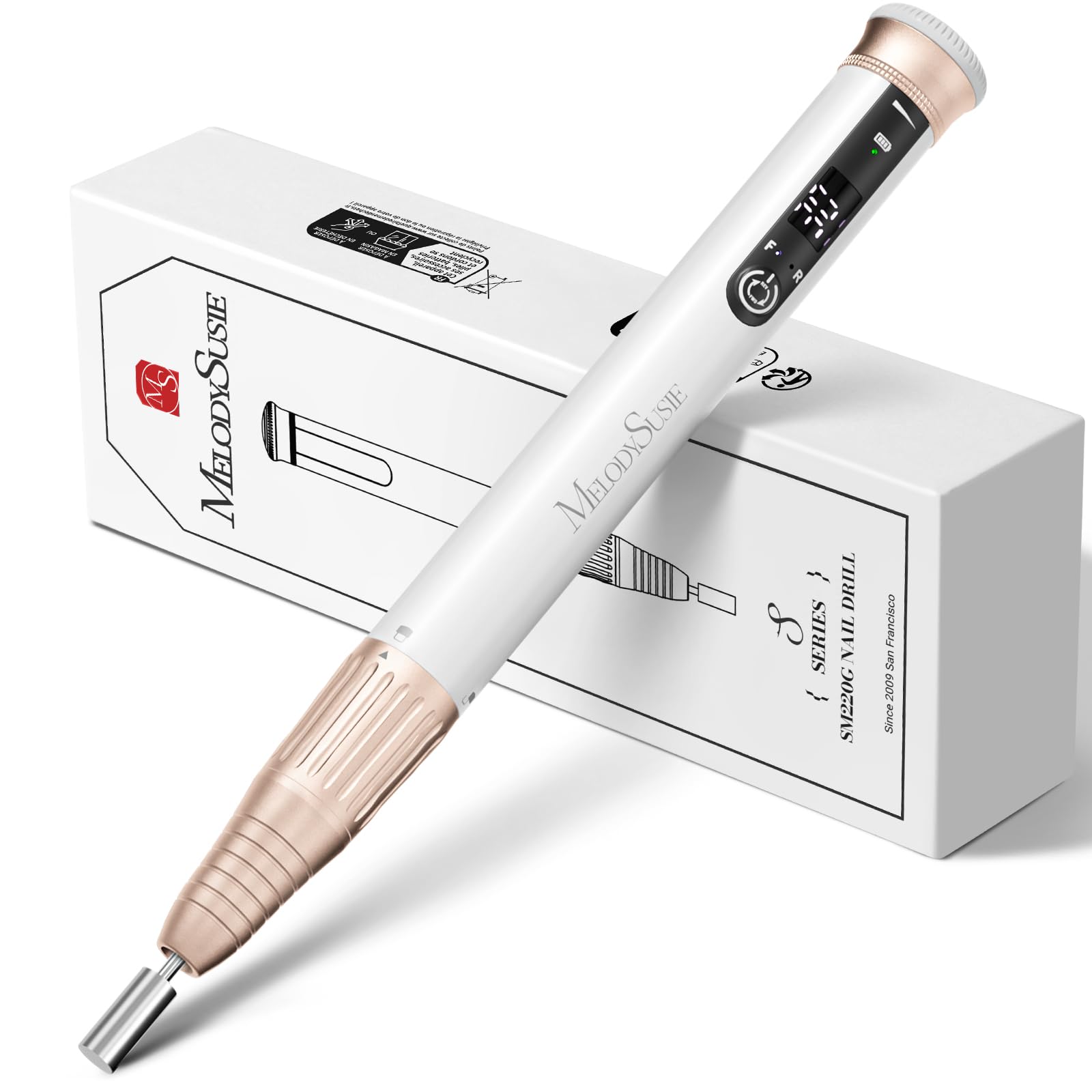 MelodySusie Pen-Shaped One-Hand Stepless Speed Adjustment Cordless Nail Drill, SM220G 30000RPM Portable Rechargeable Electric Fi