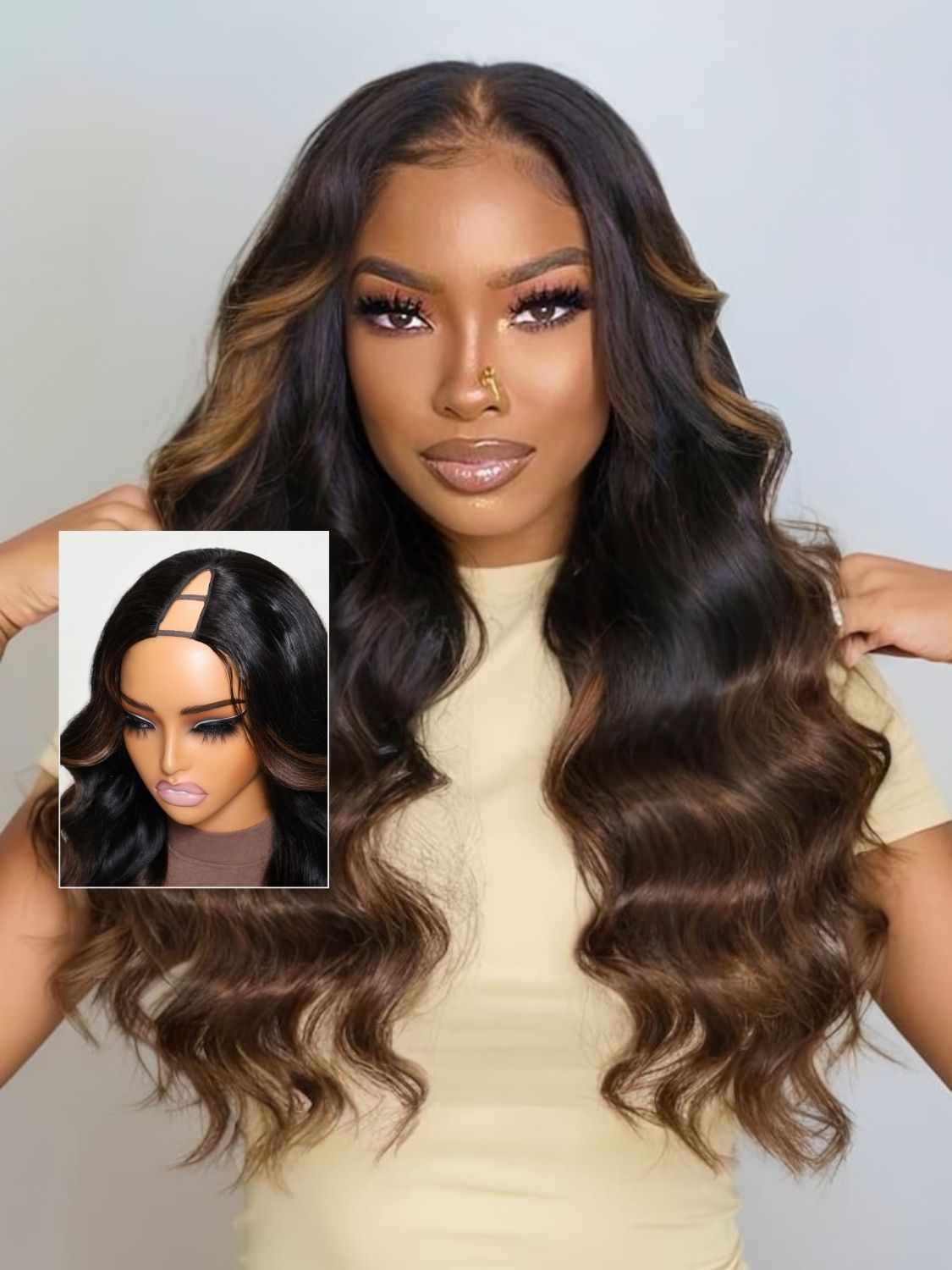 Beauty Forever V Part Wig Human Hair Black To Chestnut Brown Ombre Body Wave Wig Upgrade U Part Wigs Glueless Full Head Clip In