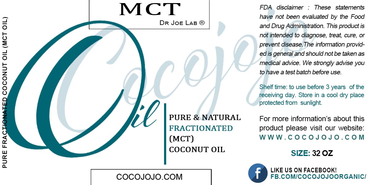 Dr Joe Lab MCT Oil - Pure, Fractionated Coconut Oil, Non GMO, Medium Chain Triglycerides, Vegan, Bulk Carrier Oil - 32 oz - for
